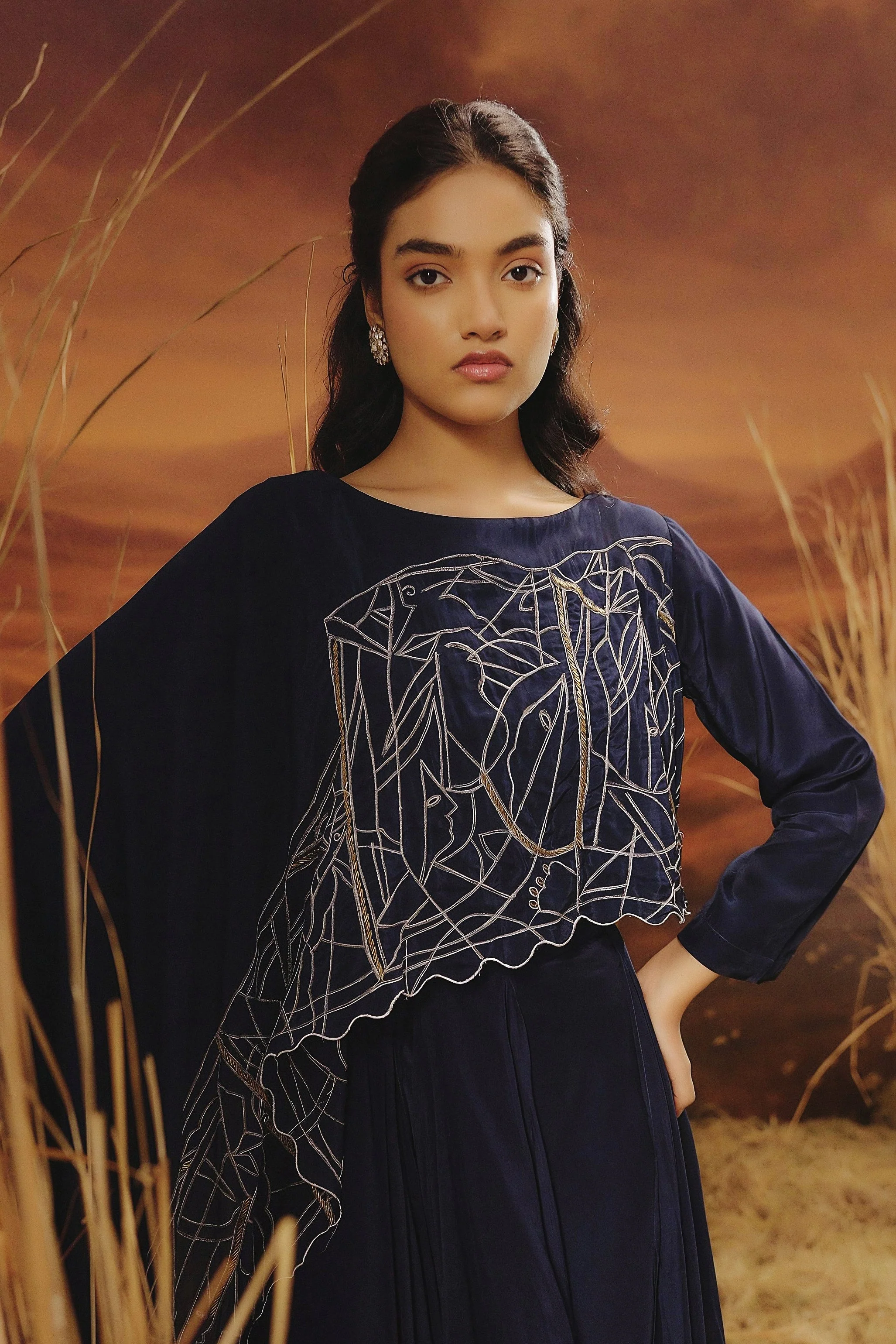 Marine Blue Embellished Georgette Silk Skirt Set - Image 4