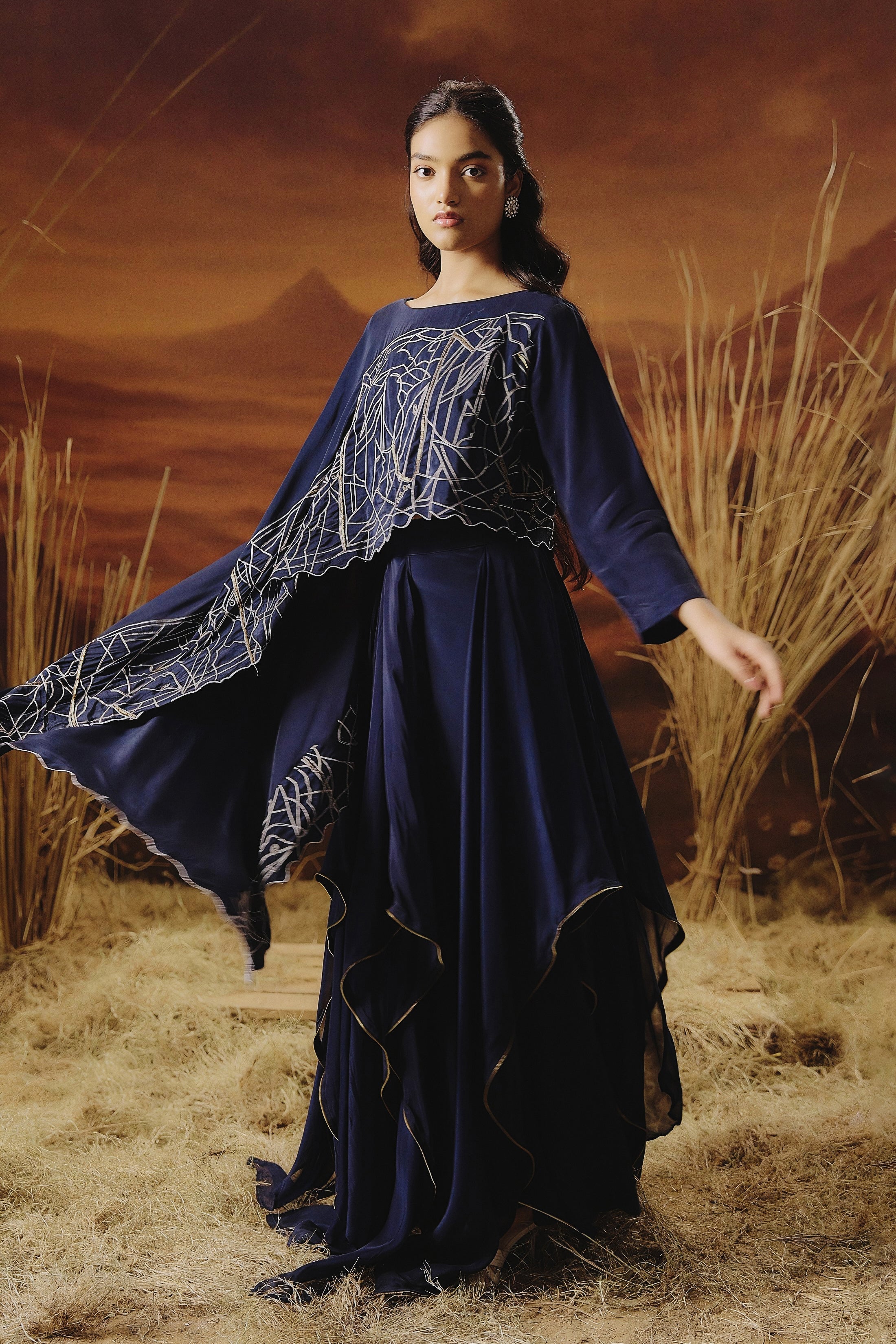 Marine Blue Embellished Georgette Silk Skirt Set - Image 5