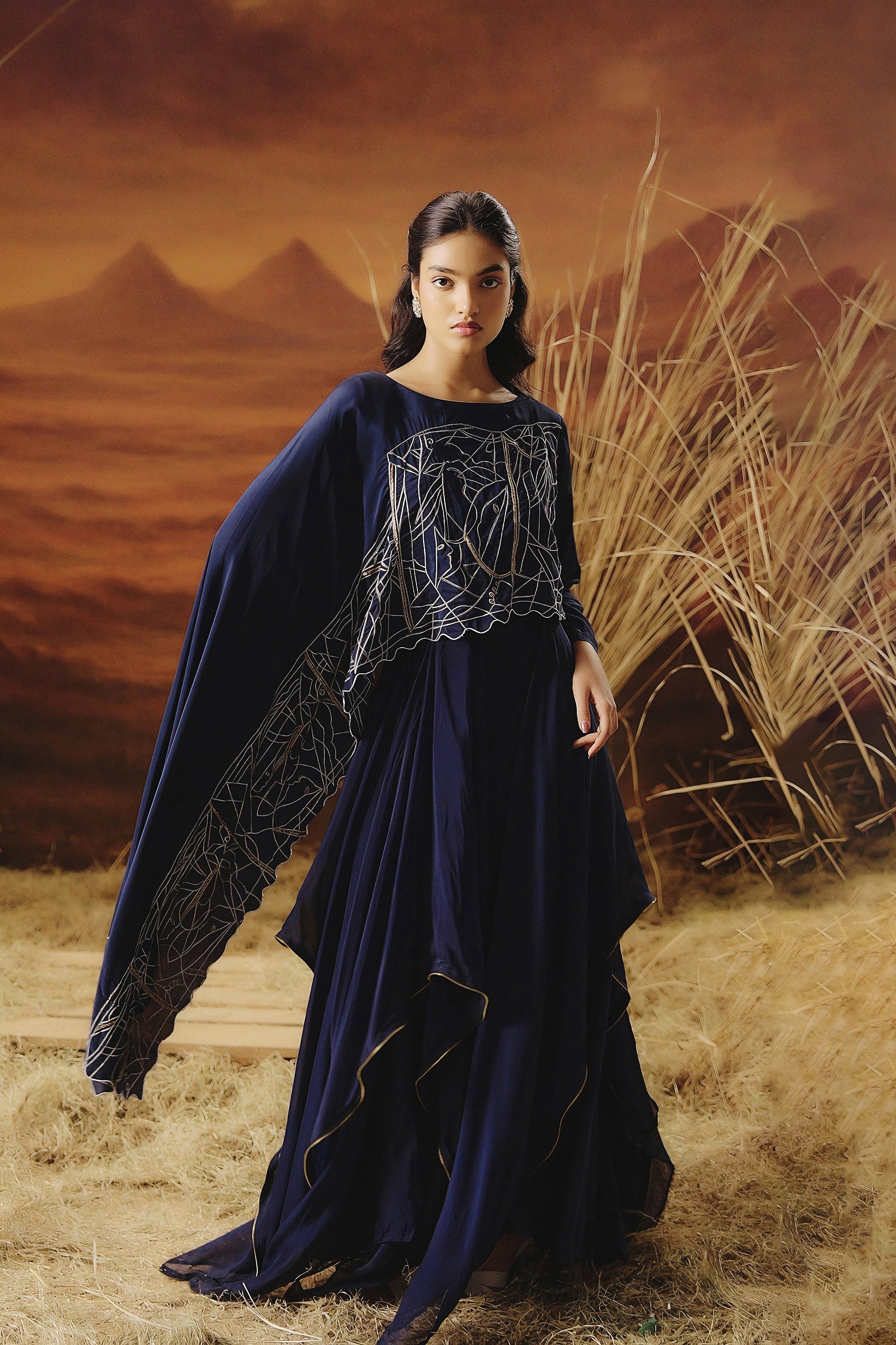 Marine Blue Embellished Georgette Silk Skirt Set - Image 6