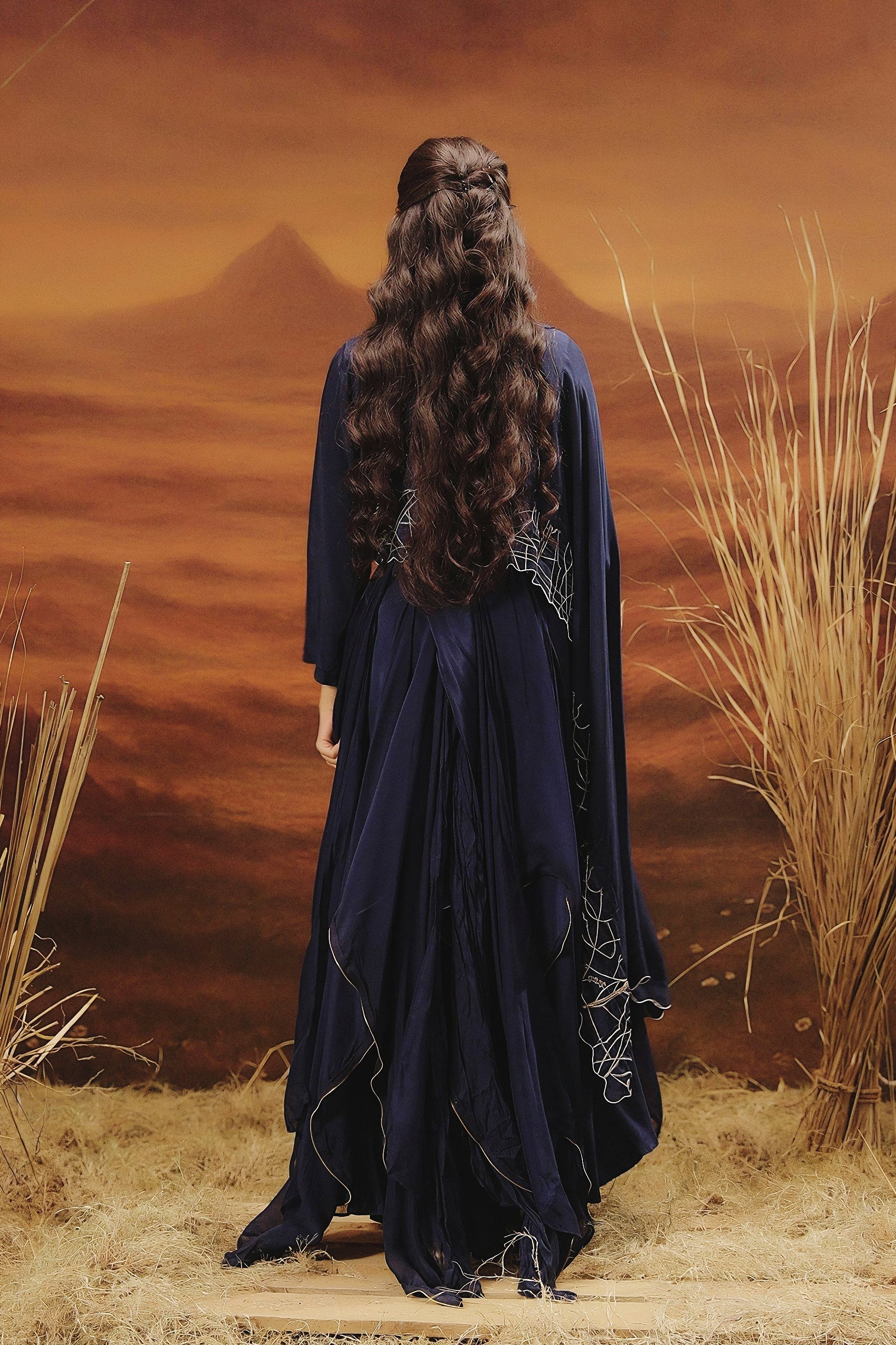 Marine Blue Embellished Georgette Silk Skirt Set - Image 7