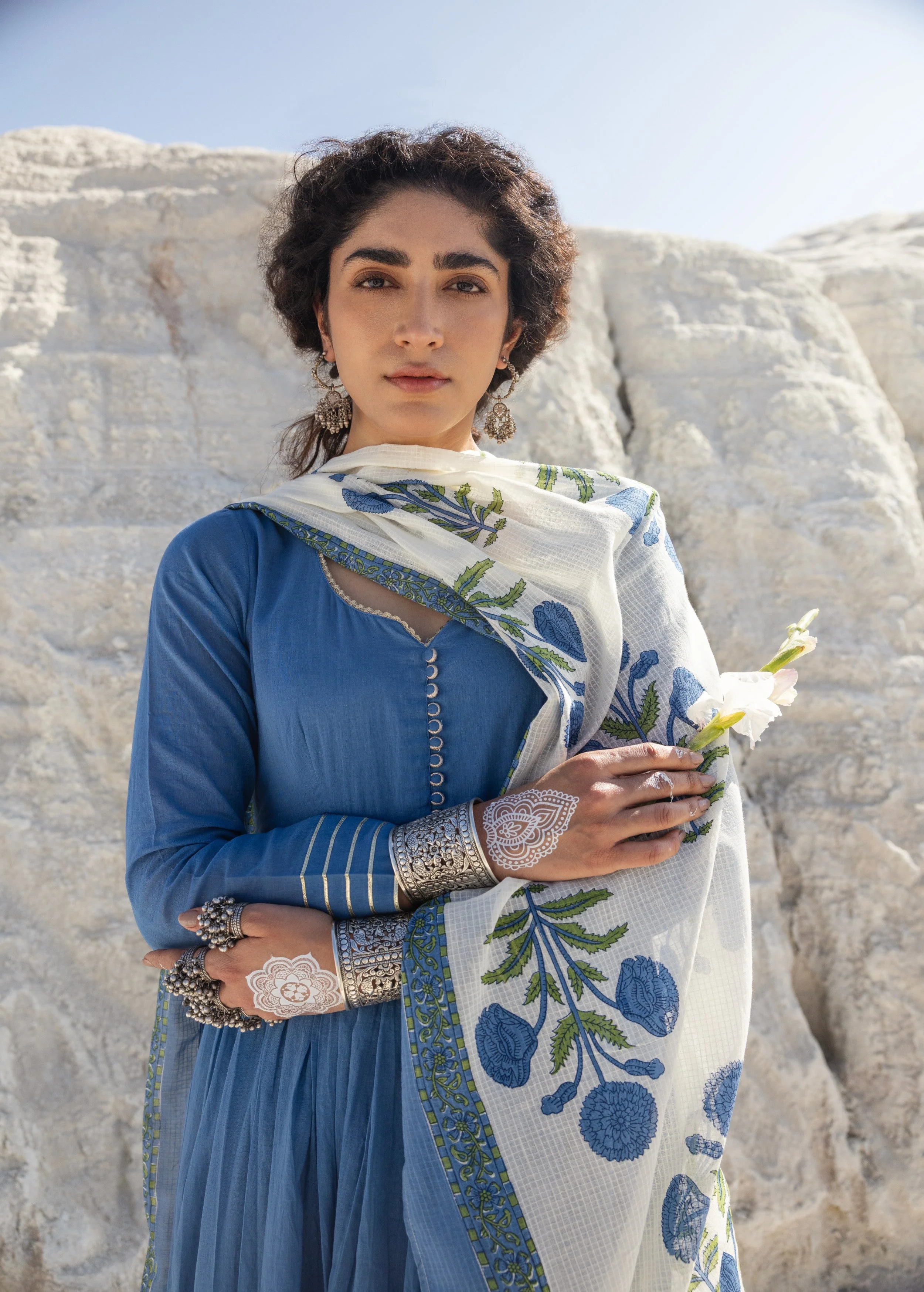 Dusty Blue Embellished Mul Cotton Anarkali Set - Image 2