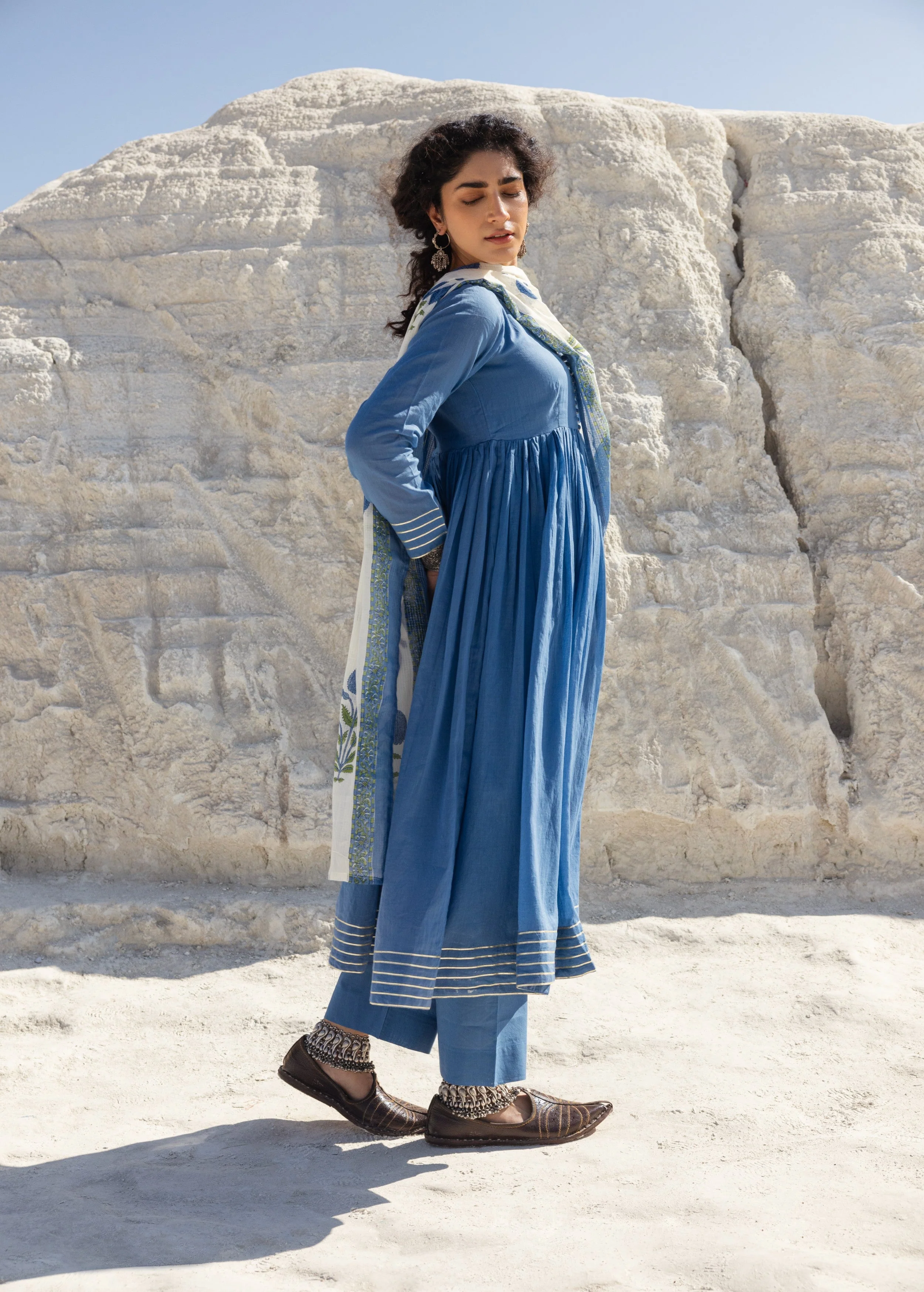 Dusty Blue Embellished Mul Cotton Anarkali Set - Image 4