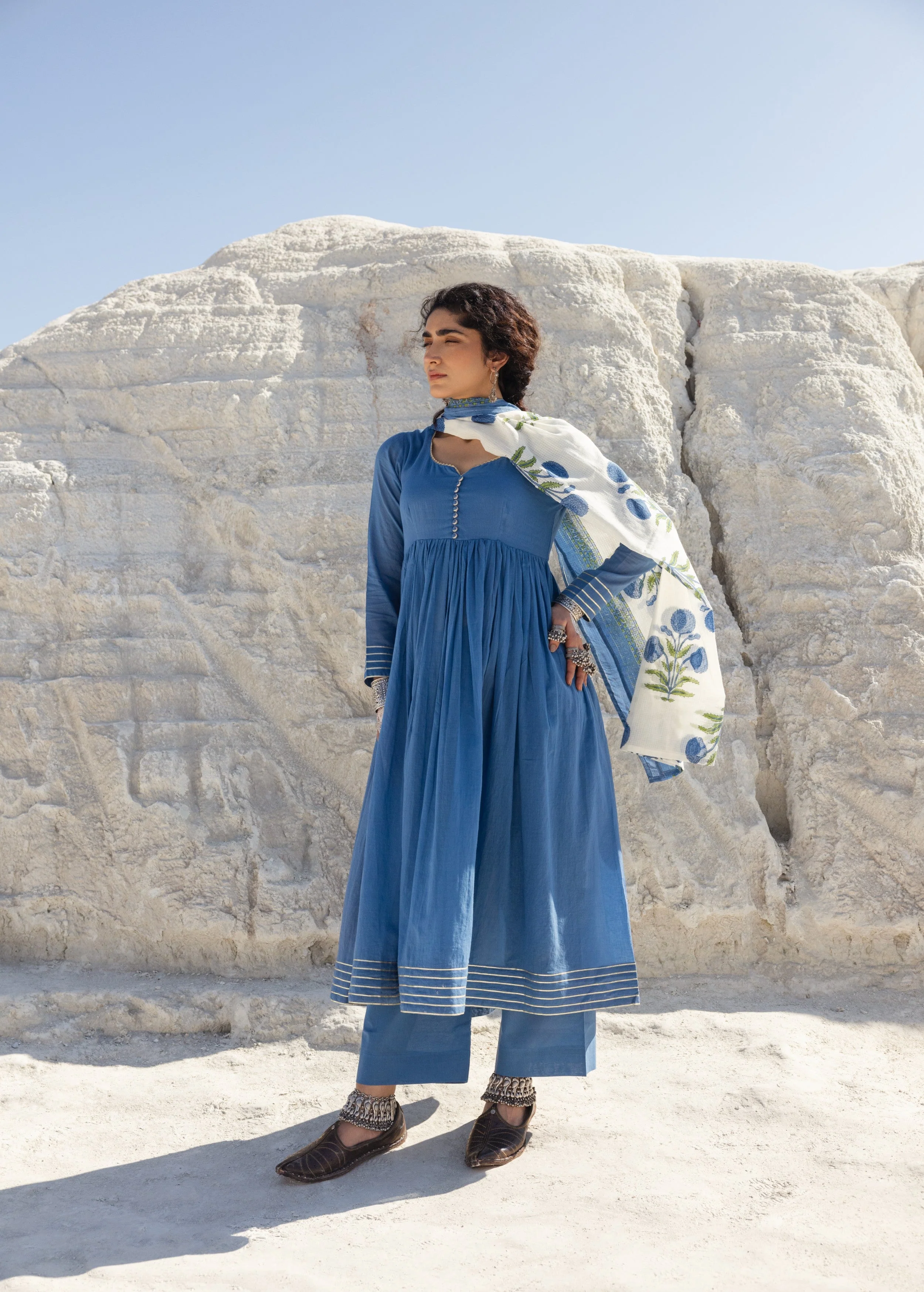 Dusty Blue Embellished Mul Cotton Anarkali Set - Image 5