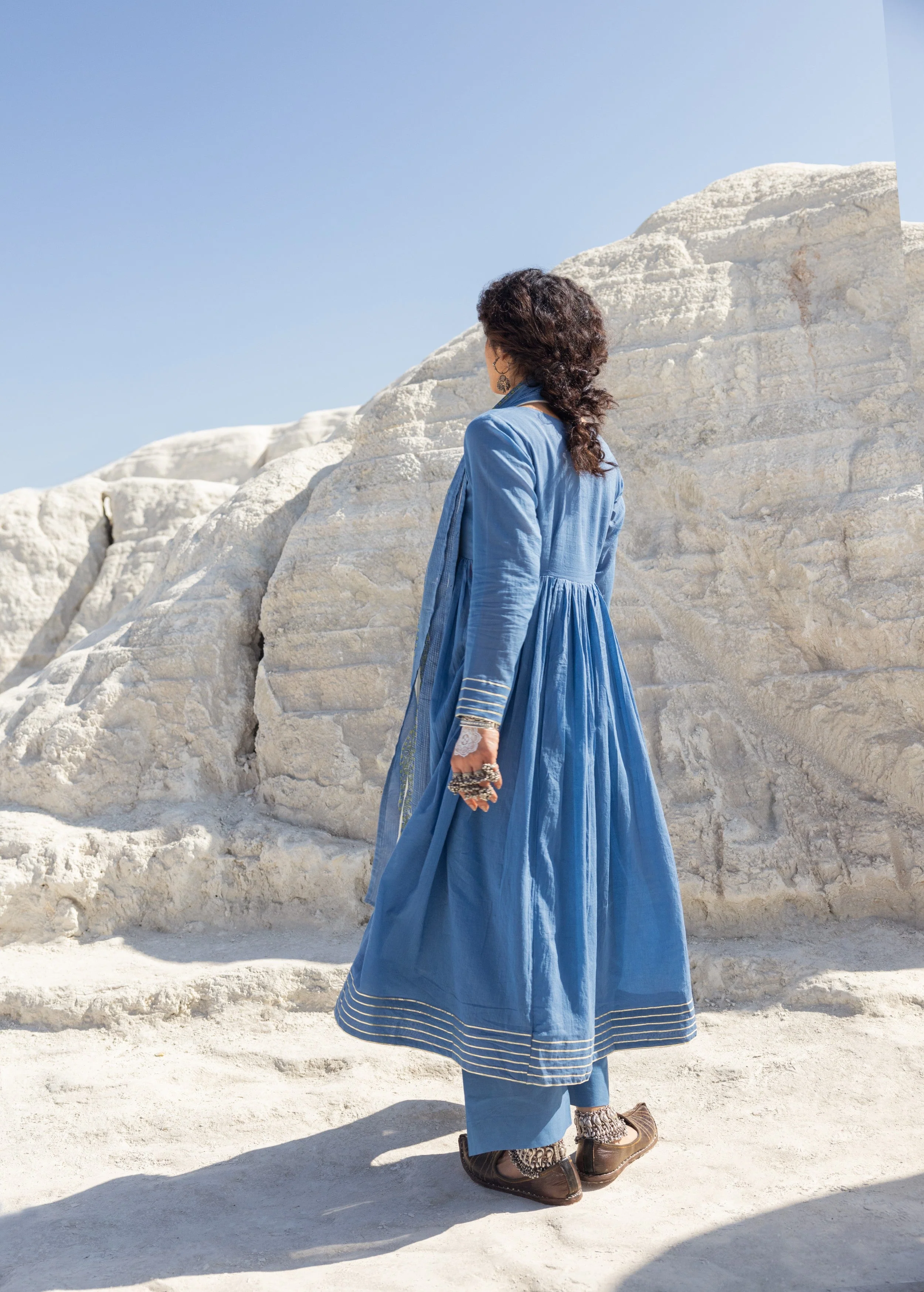 Dusty Blue Embellished Mul Cotton Anarkali Set - Image 6