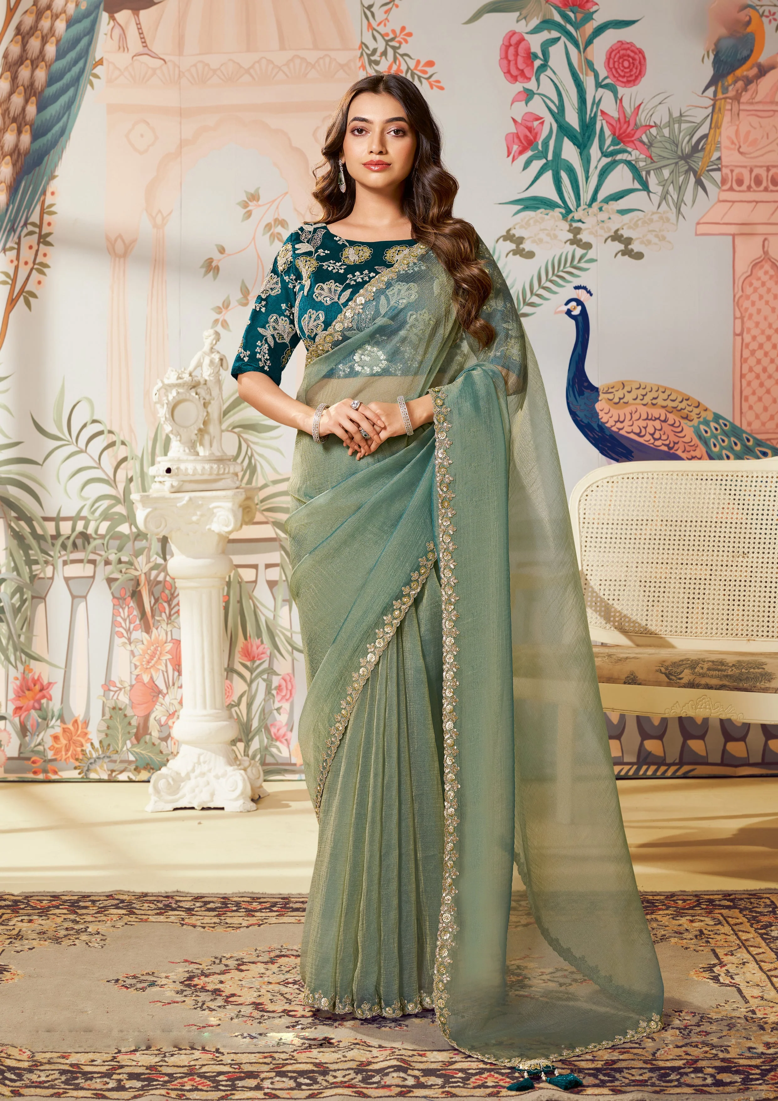 Sage Green Embellished Organza Silk Saree