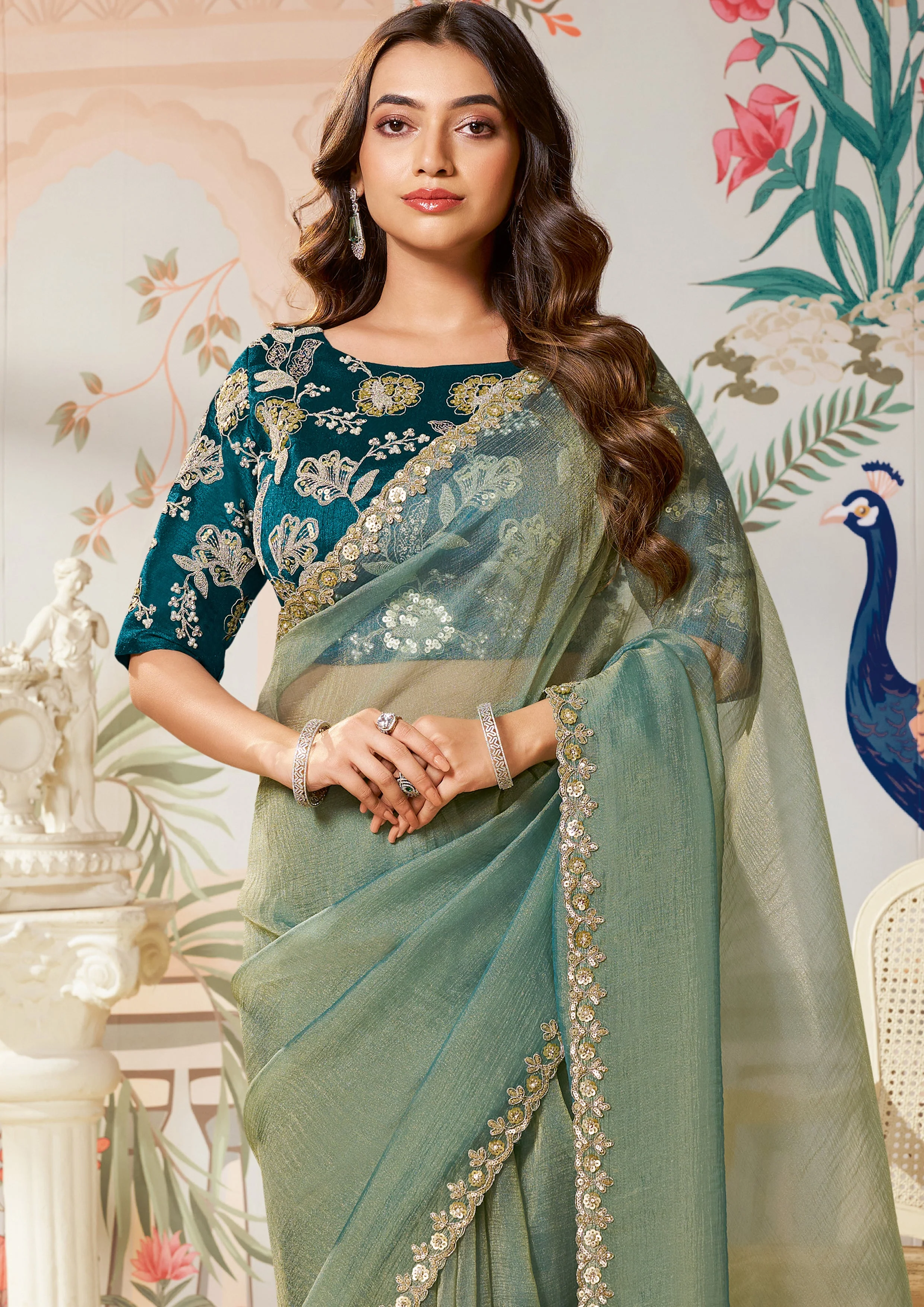 Sage Green Embellished Organza Silk Saree - Image 2