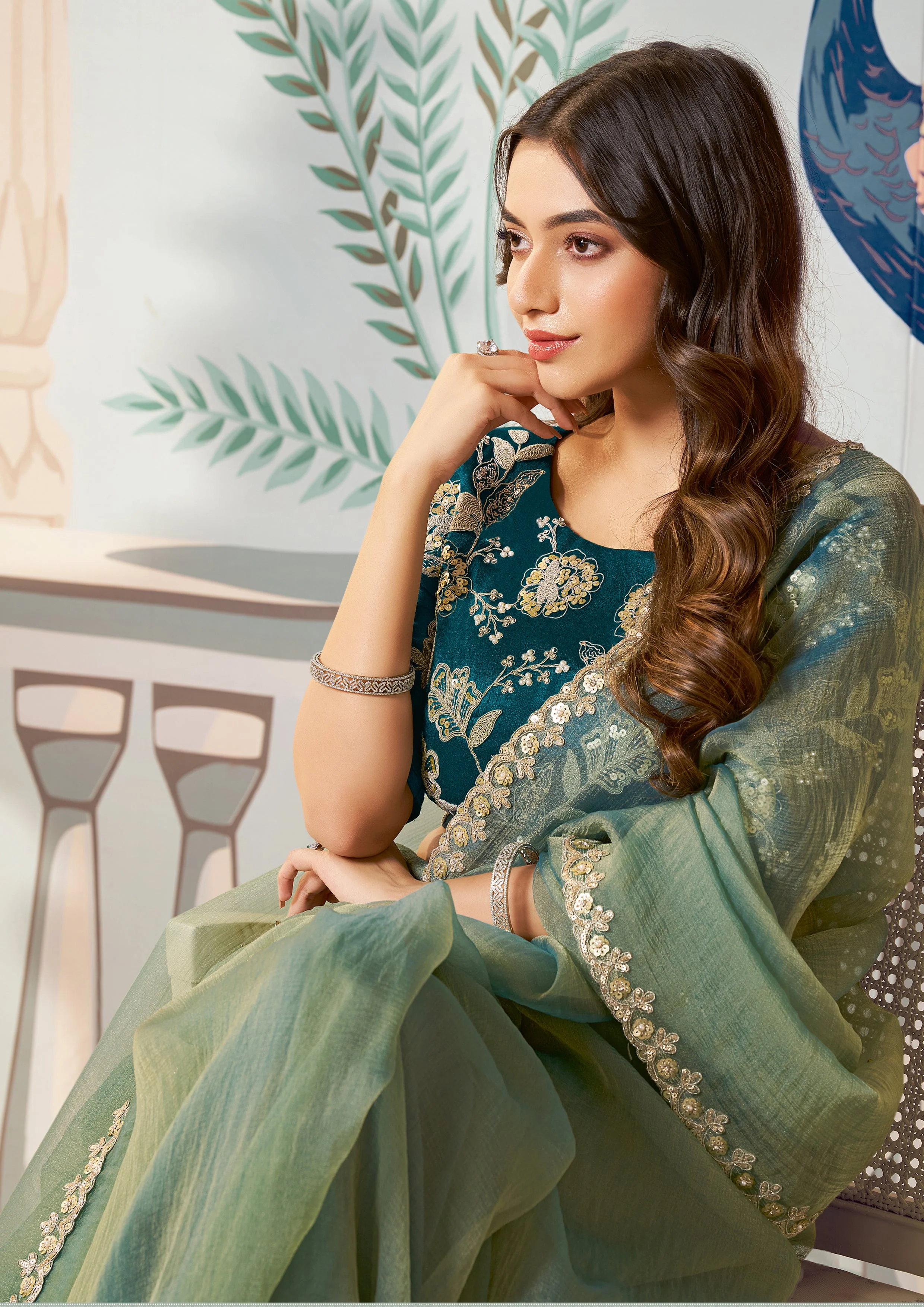 Sage Green Embellished Organza Silk Saree - Image 3
