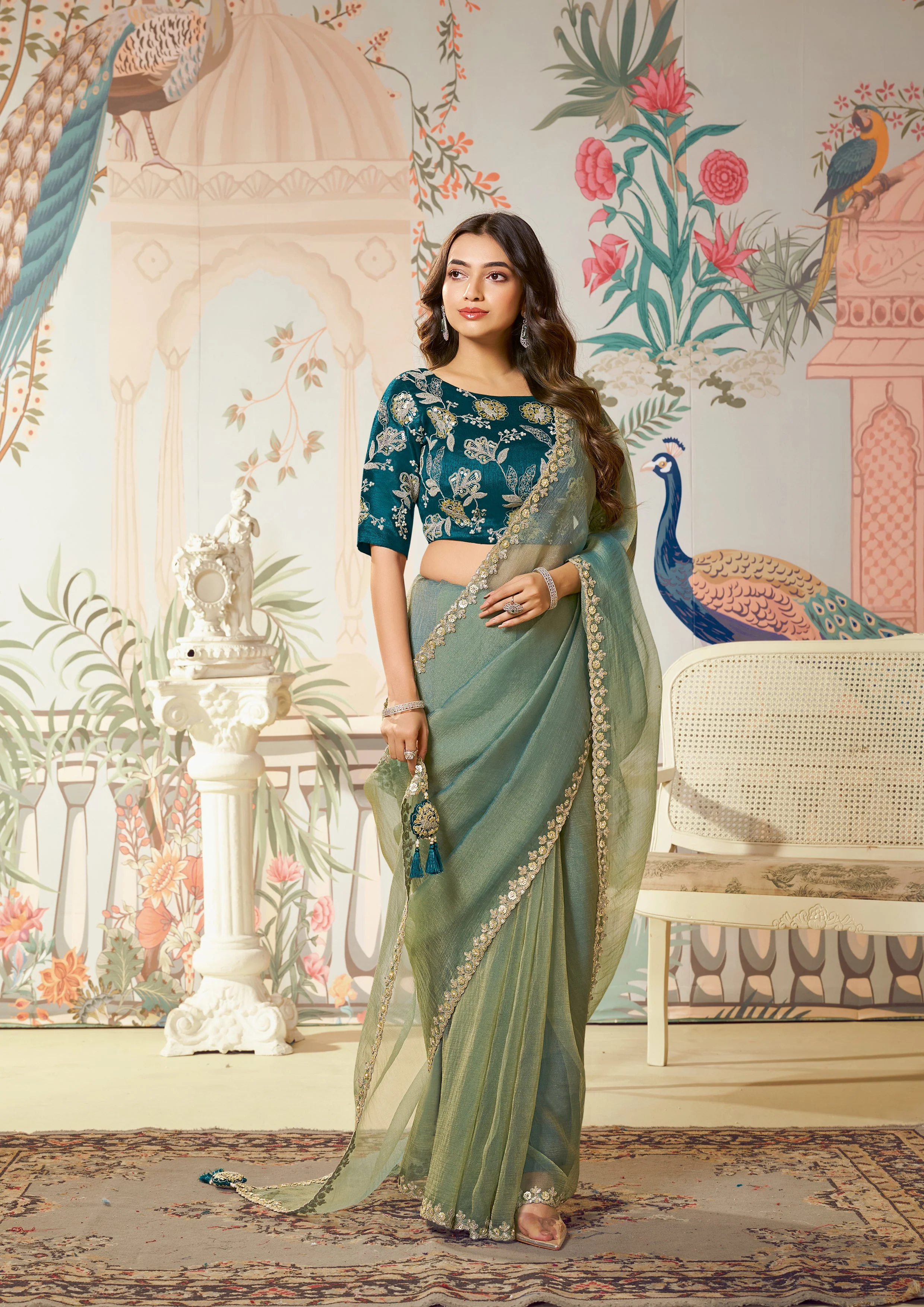 Sage Green Embellished Organza Silk Saree - Image 4