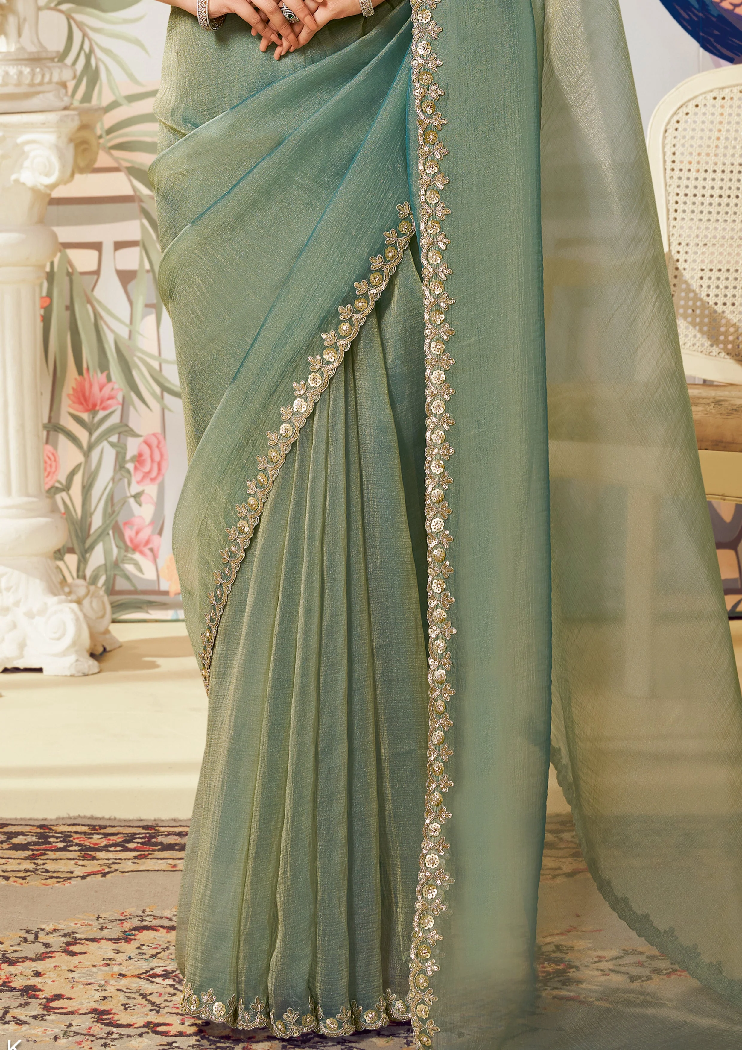 Sage Green Embellished Organza Silk Saree - Image 5