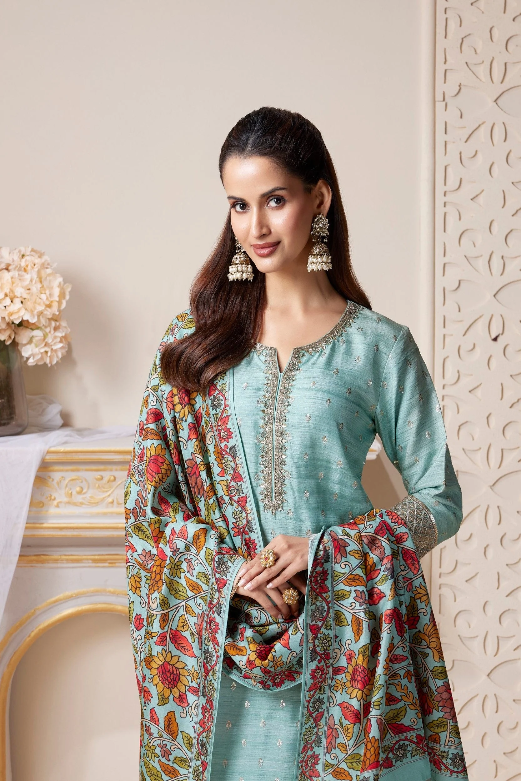 Serene Aqua Embellished Premium Silk Pant Set - Image 2