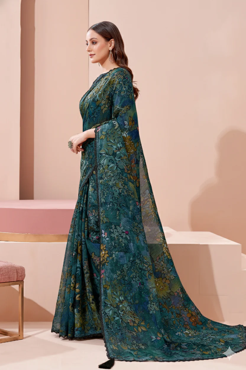 Deep Blue Embellished Premium Silk Saree - Image 3