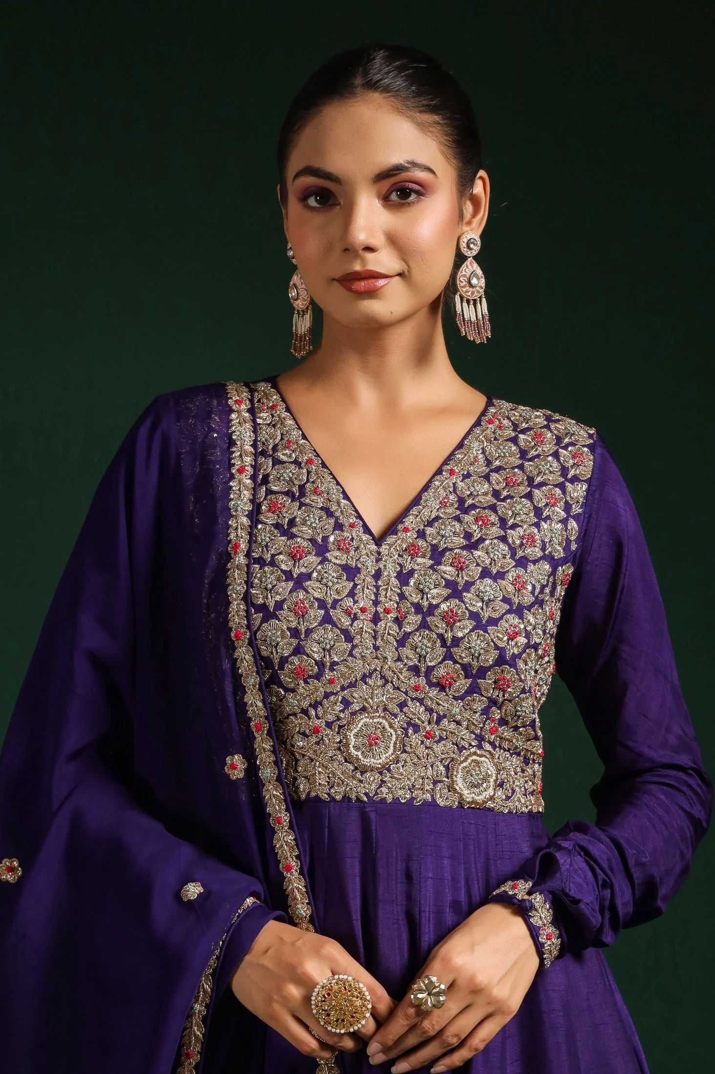 Blue Embellished Raw Silk Anarkali Set - Image 2