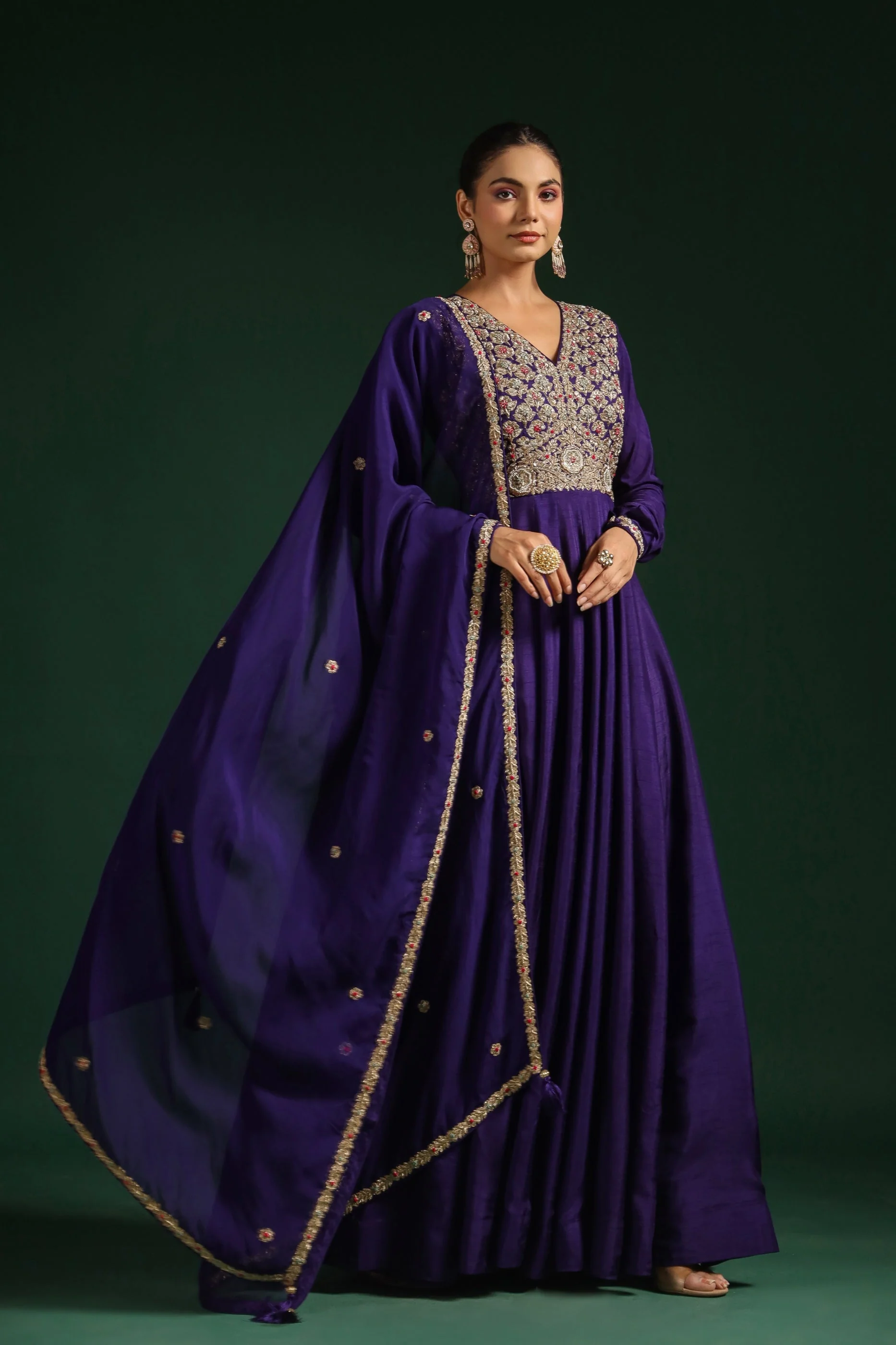 Blue Embellished Raw Silk Anarkali Set - Image 4