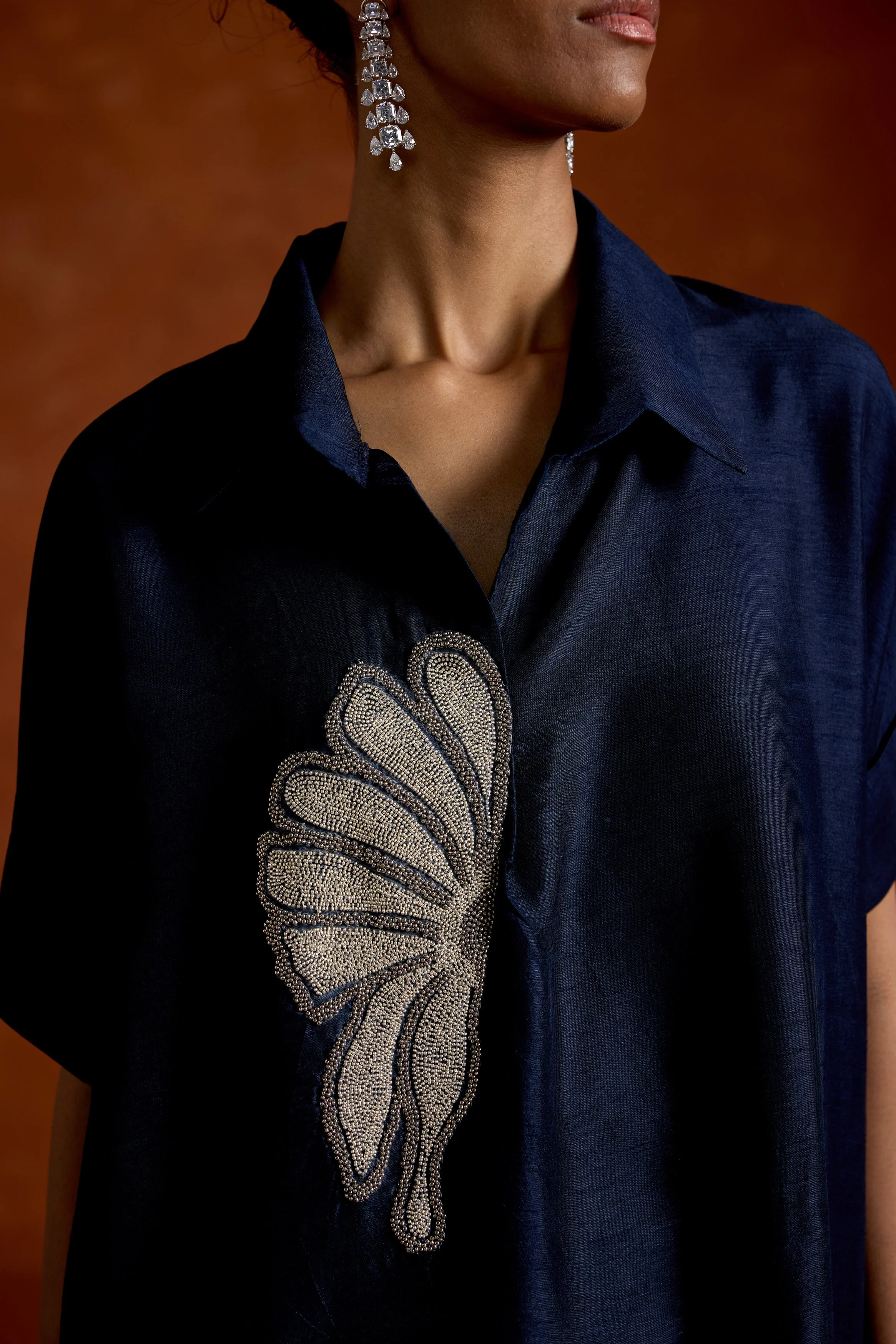 Dark Blue Embellished Raw Silk Kaftan Set - Image 2