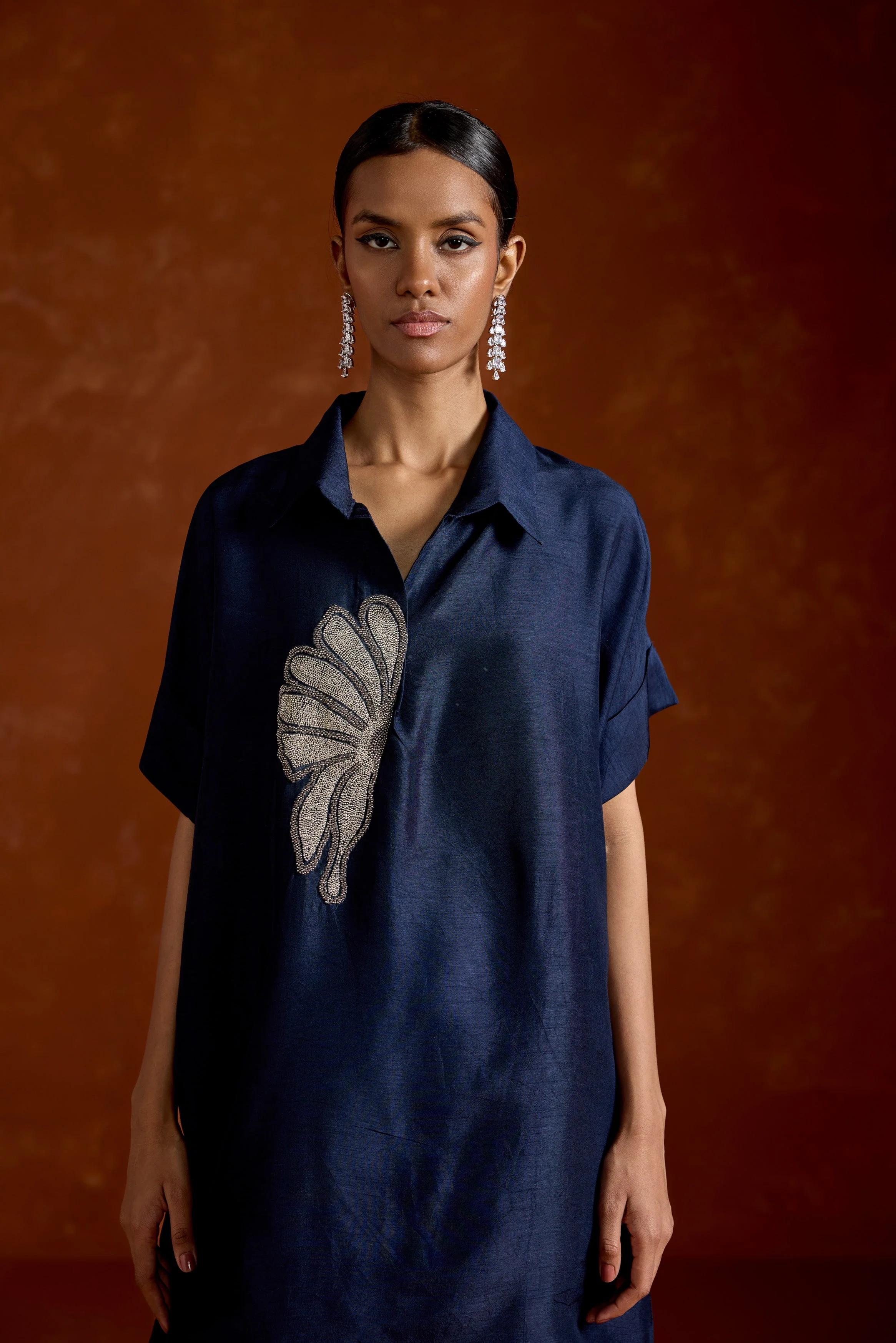 Dark Blue Embellished Raw Silk Kaftan Set - Image 3