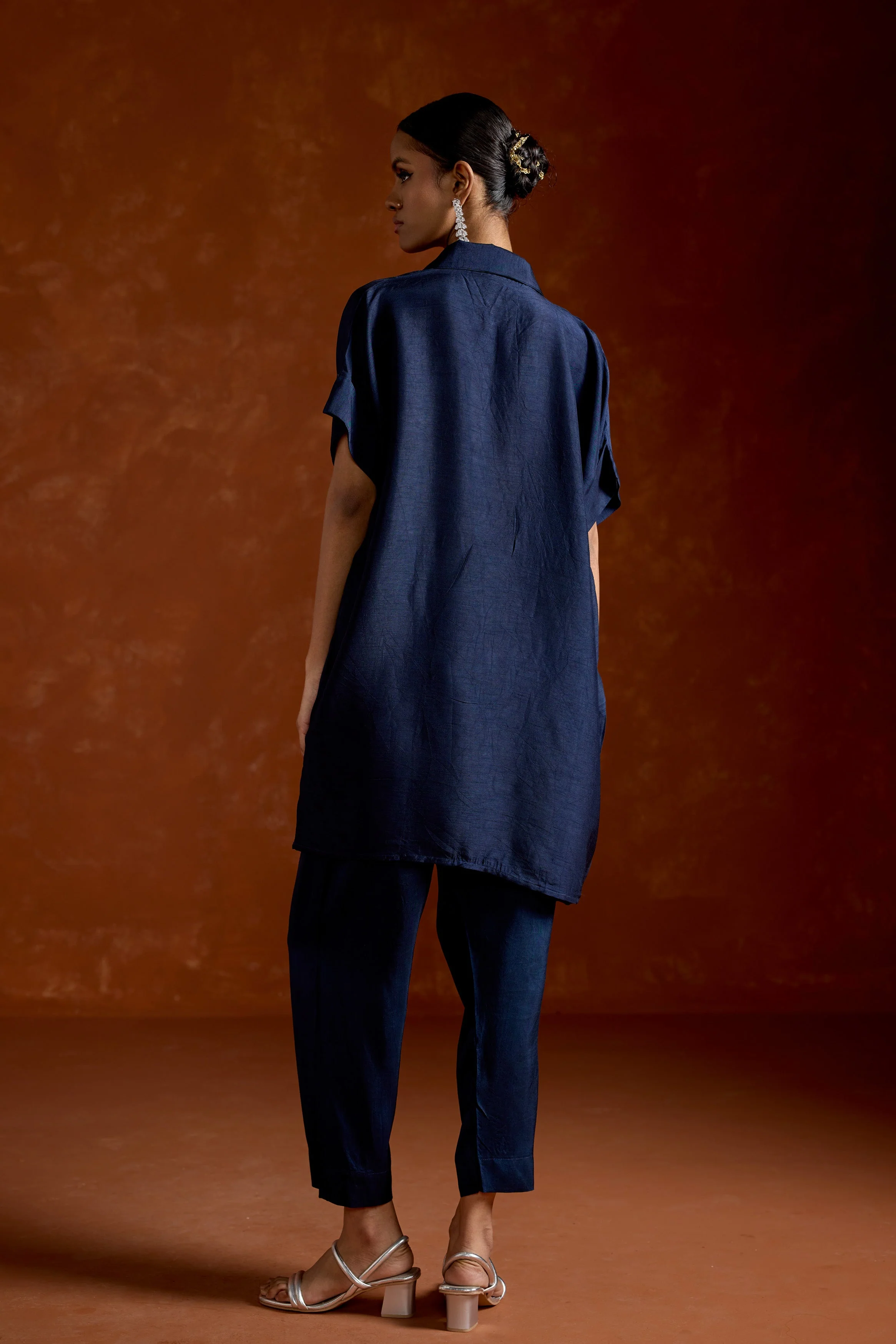 Dark Blue Embellished Raw Silk Kaftan Set - Image 6