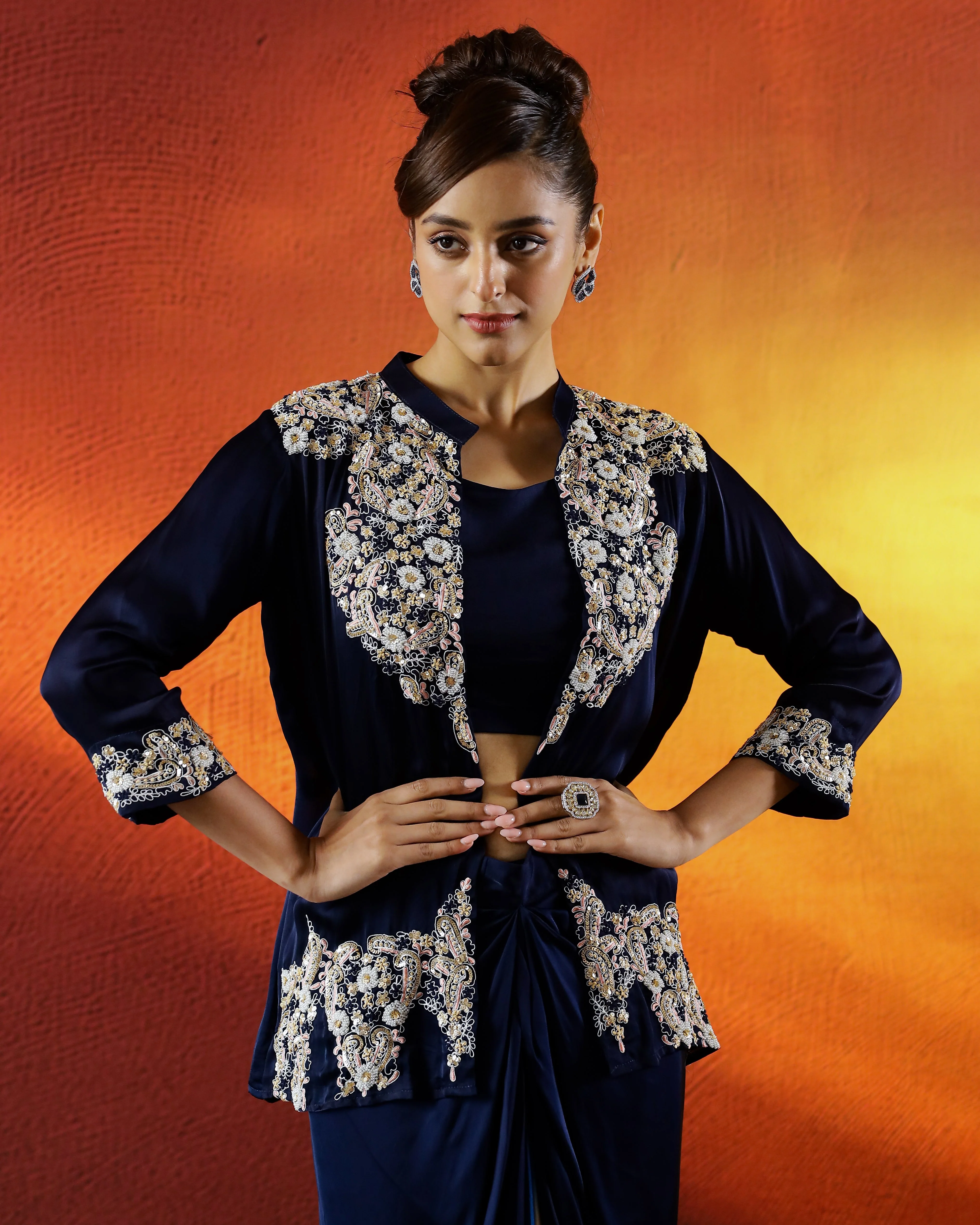 Blue Embellished Satin Silk Drape Skirt Set - Image 2