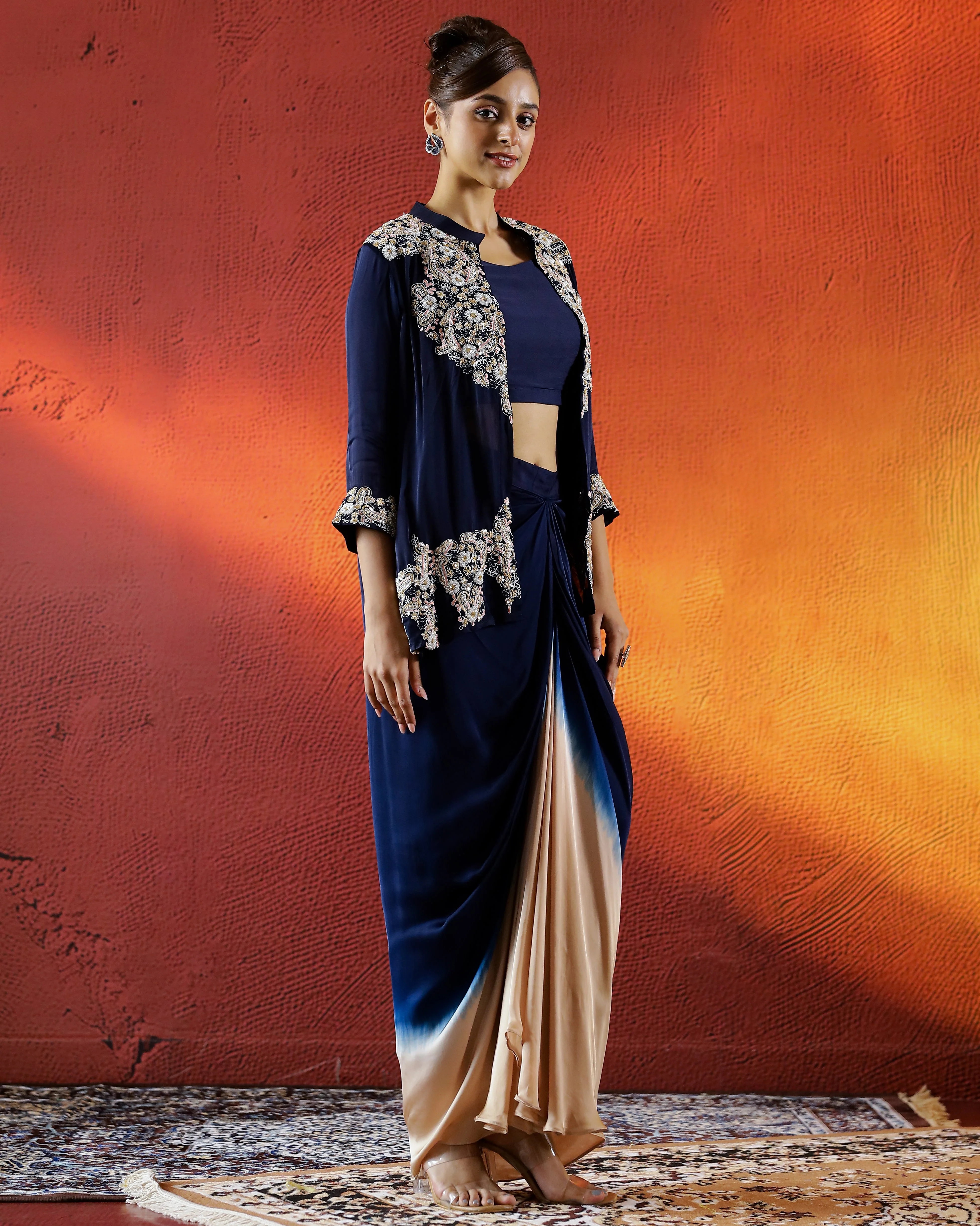 Blue Embellished Satin Silk Drape Skirt Set - Image 3