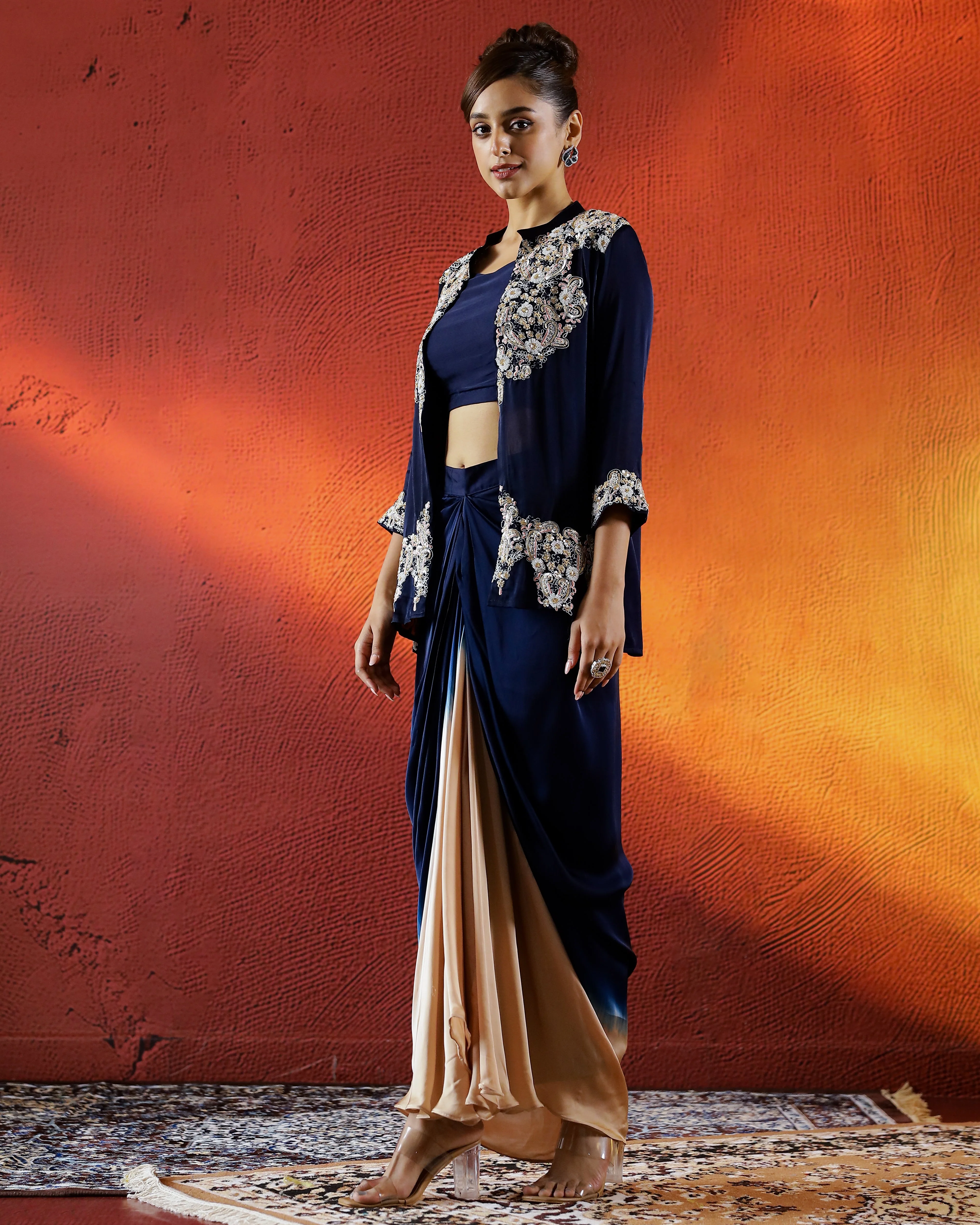 Blue Embellished Satin Silk Drape Skirt Set - Image 4