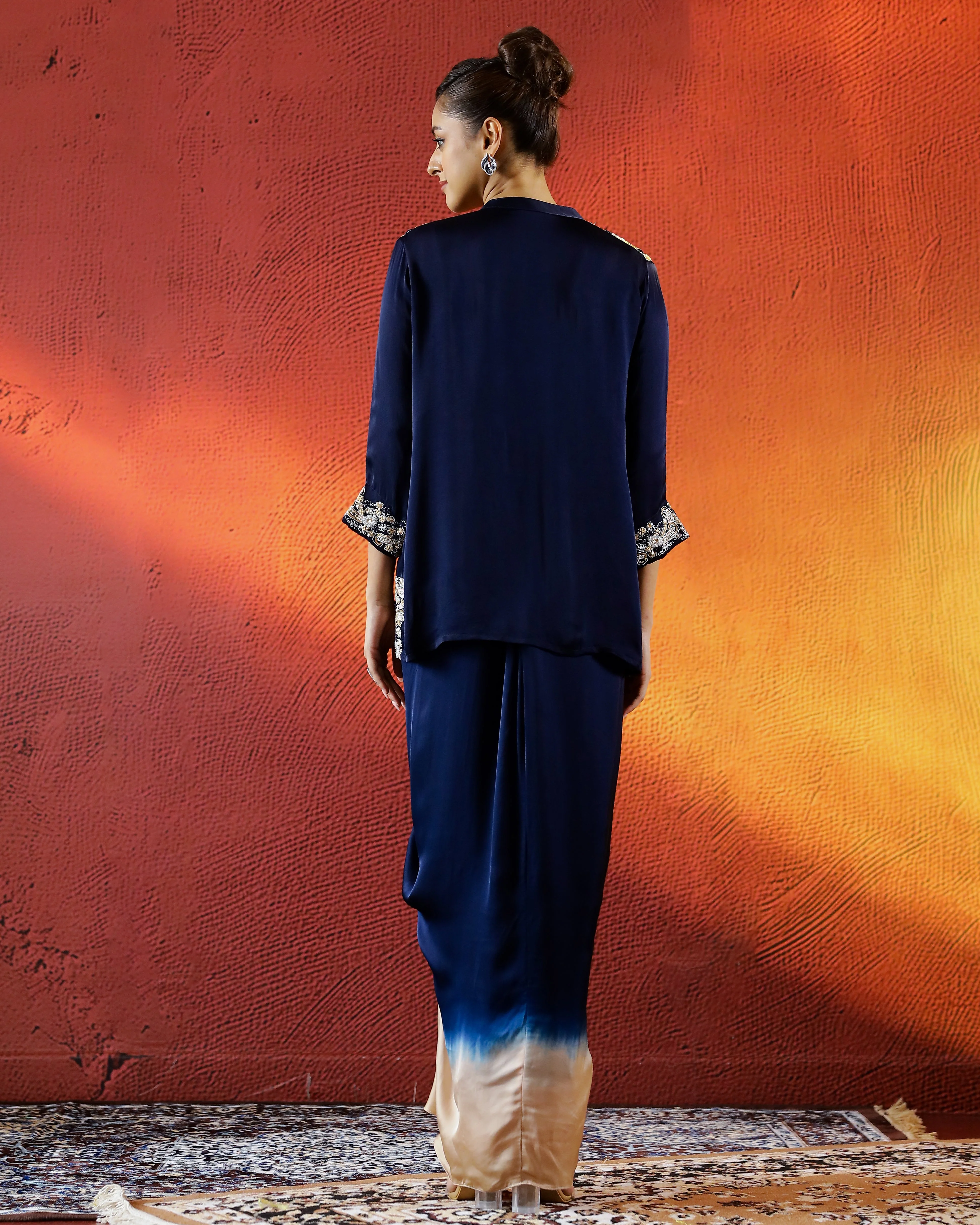 Blue Embellished Satin Silk Drape Skirt Set - Image 5