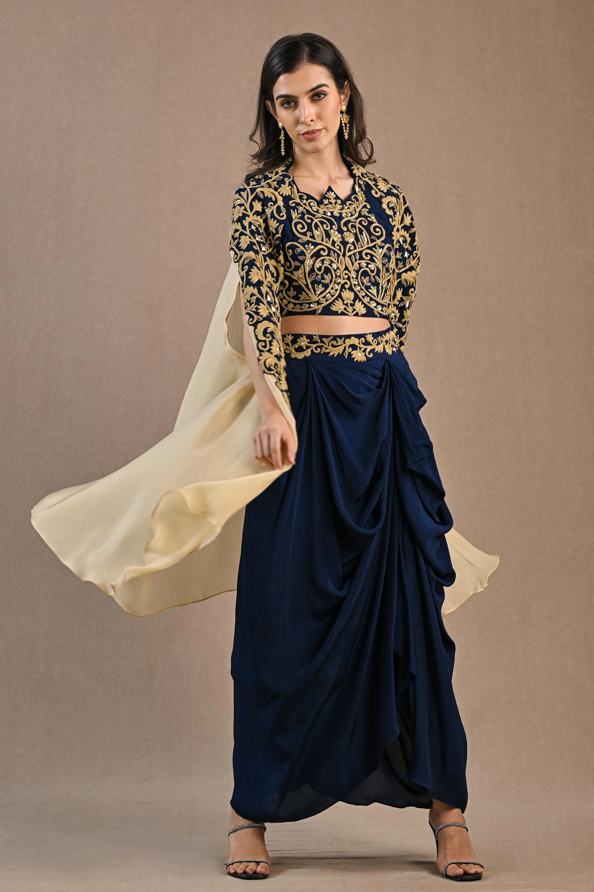 Blue Embroidered Chinon Silk Cape Set - Image 3