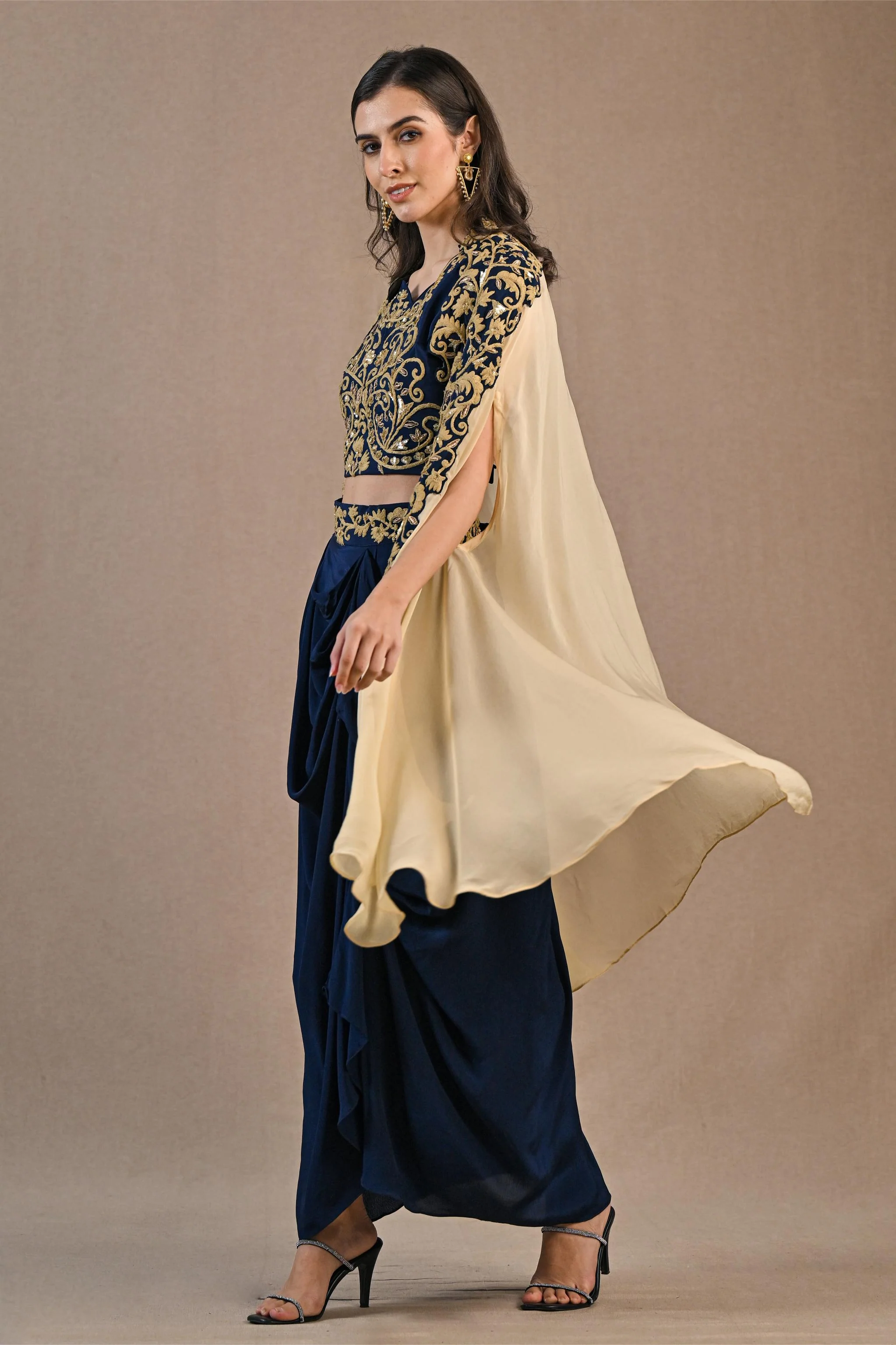 Blue Embroidered Chinon Silk Cape Set - Image 4