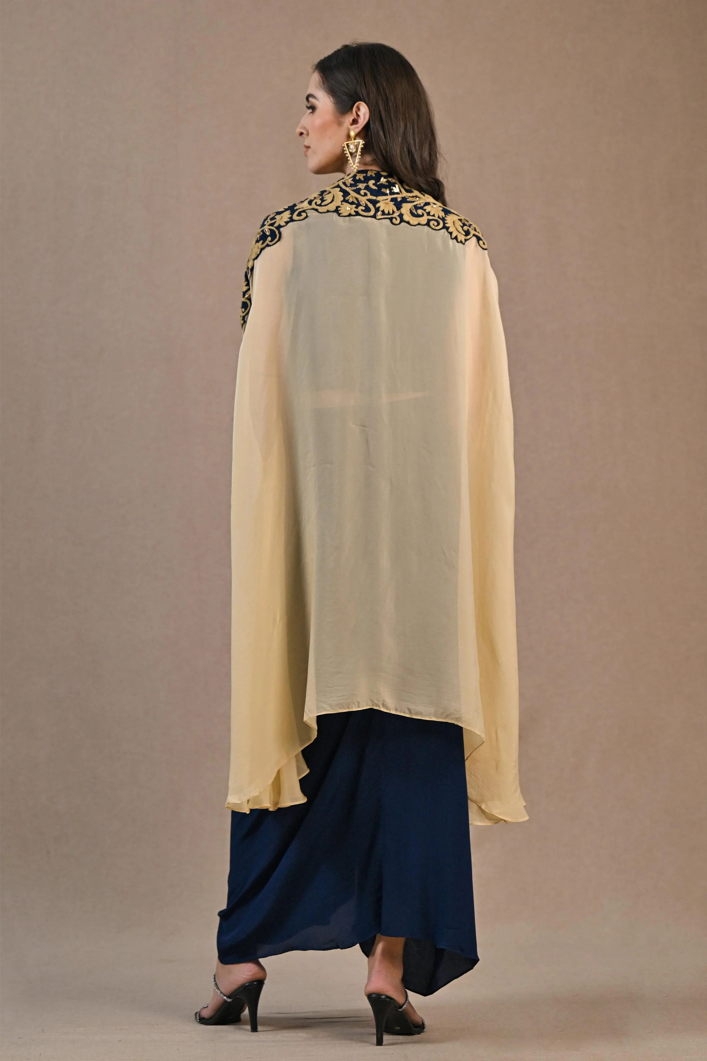 Blue Embroidered Chinon Silk Cape Set - Image 5