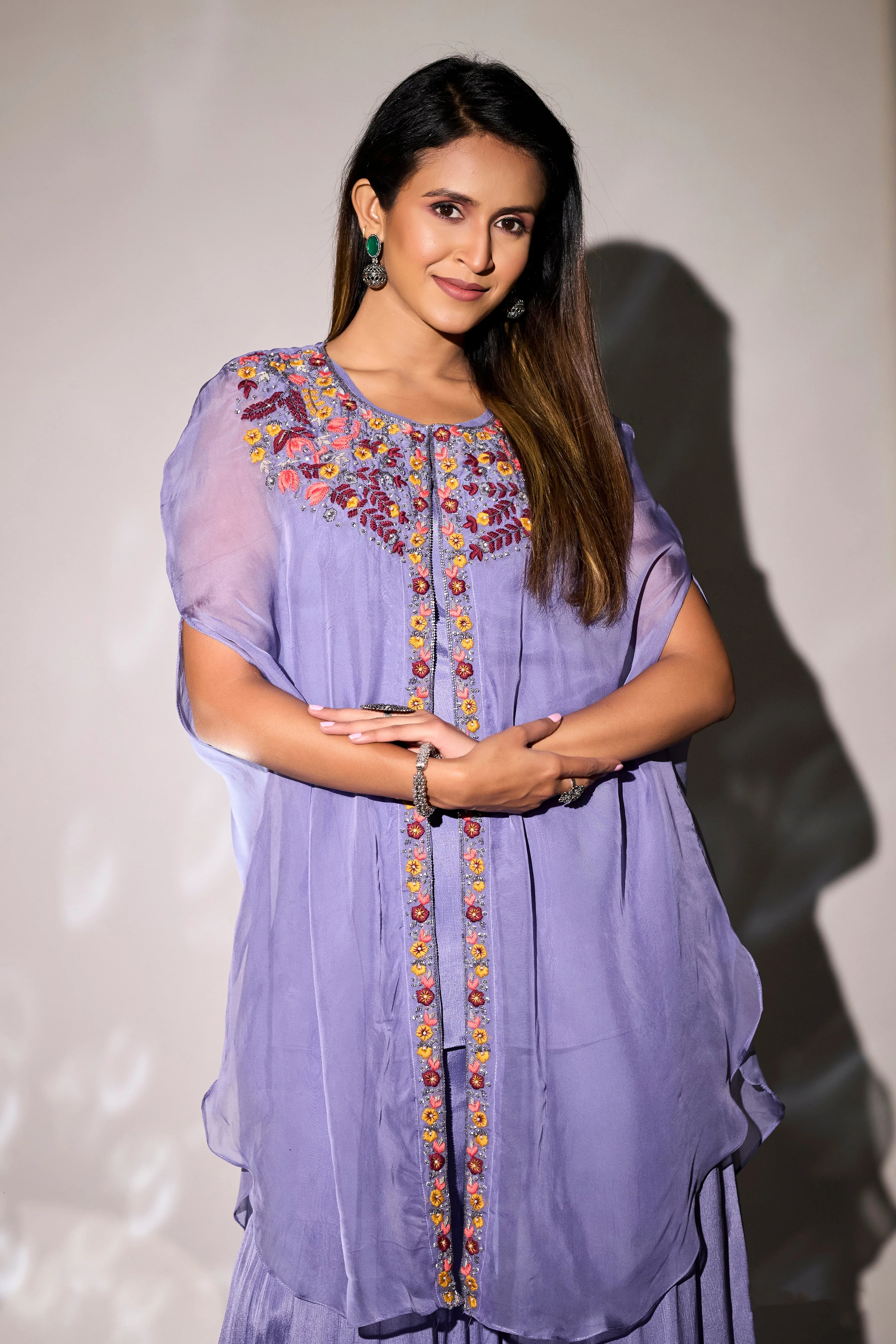 Light Lavender Embroidered Chinon Silk Cape & Sharara Set - Image 2