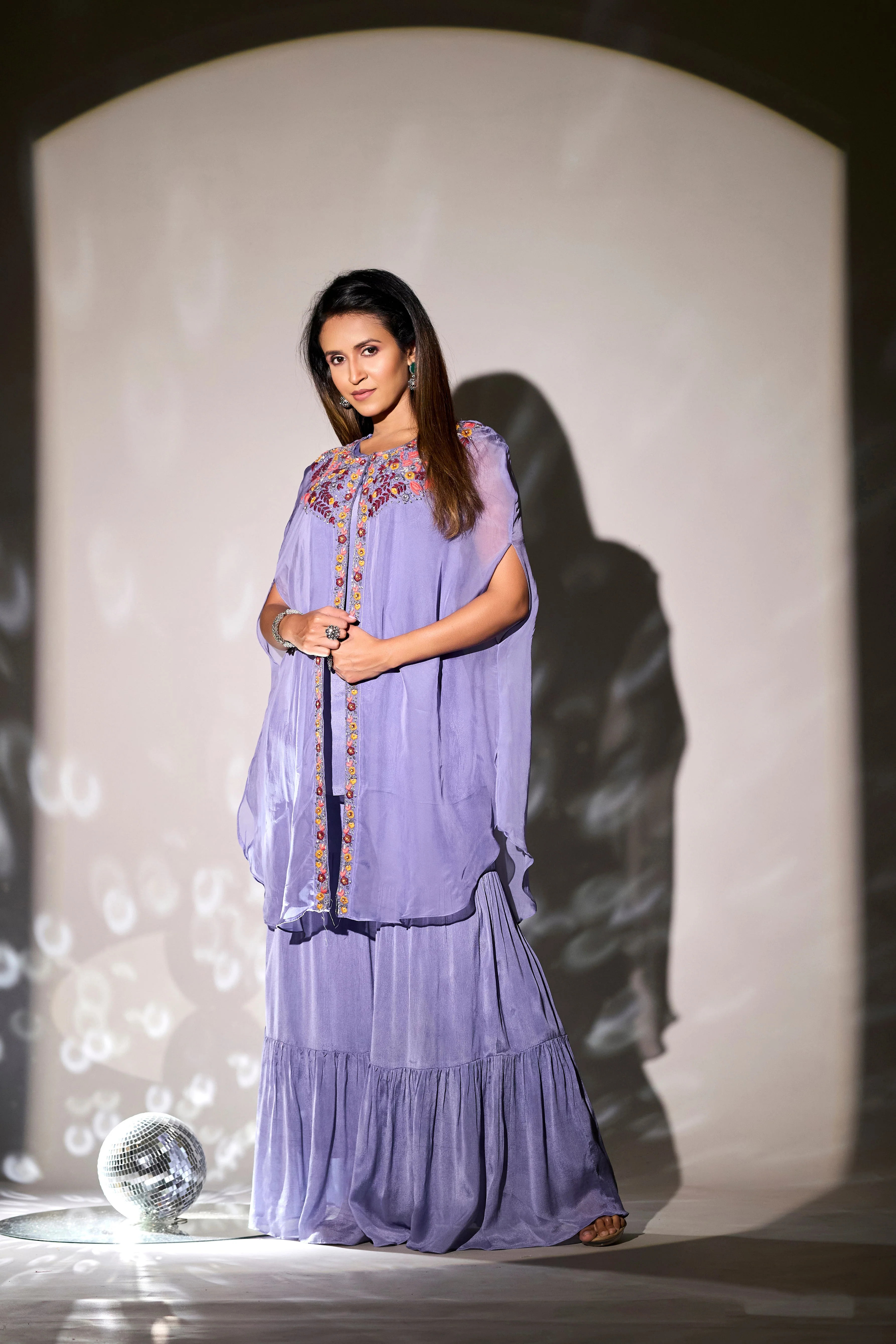 Light Lavender Embroidered Chinon Silk Cape & Sharara Set - Image 3