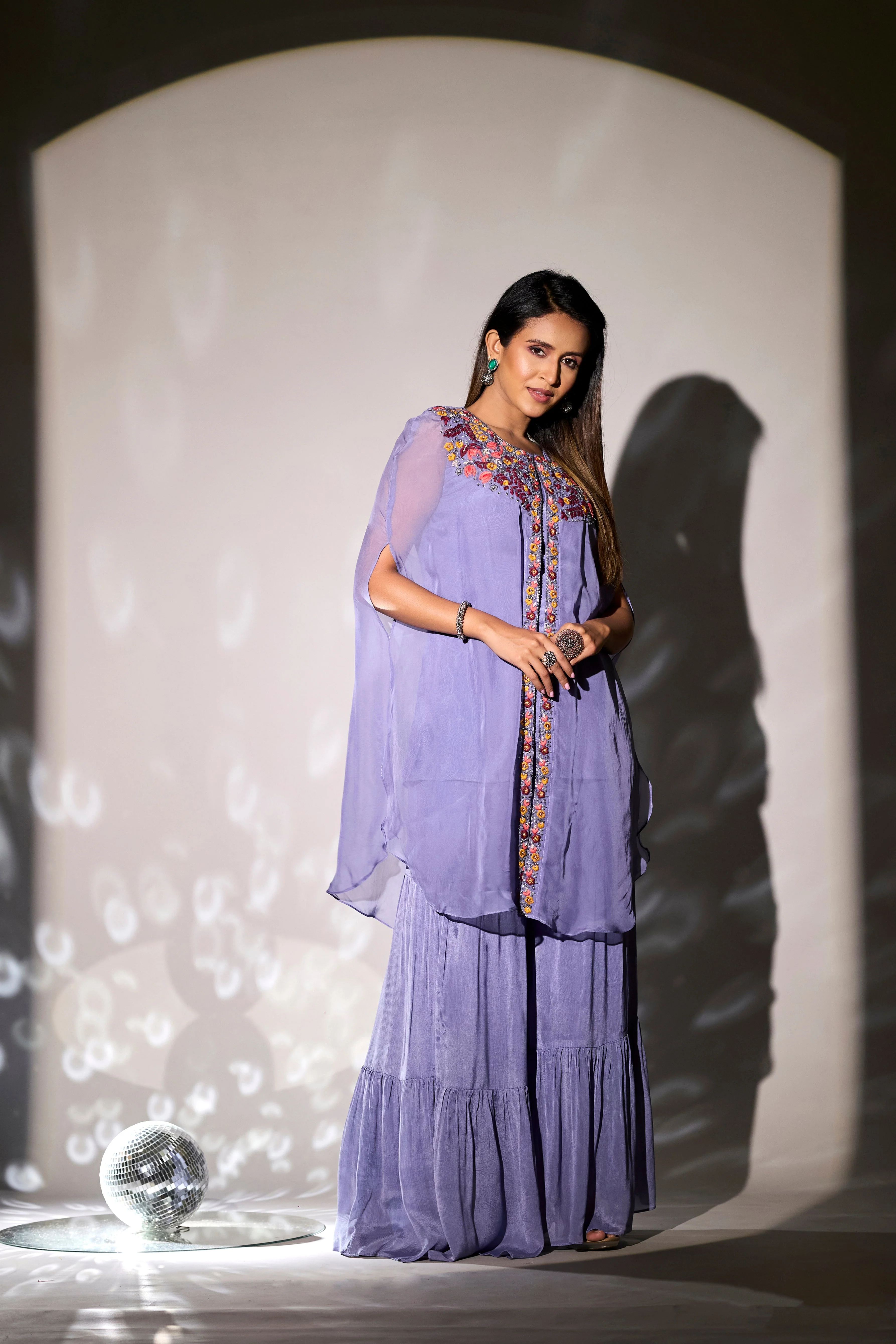 Light Lavender Embroidered Chinon Silk Cape & Sharara Set - Image 4