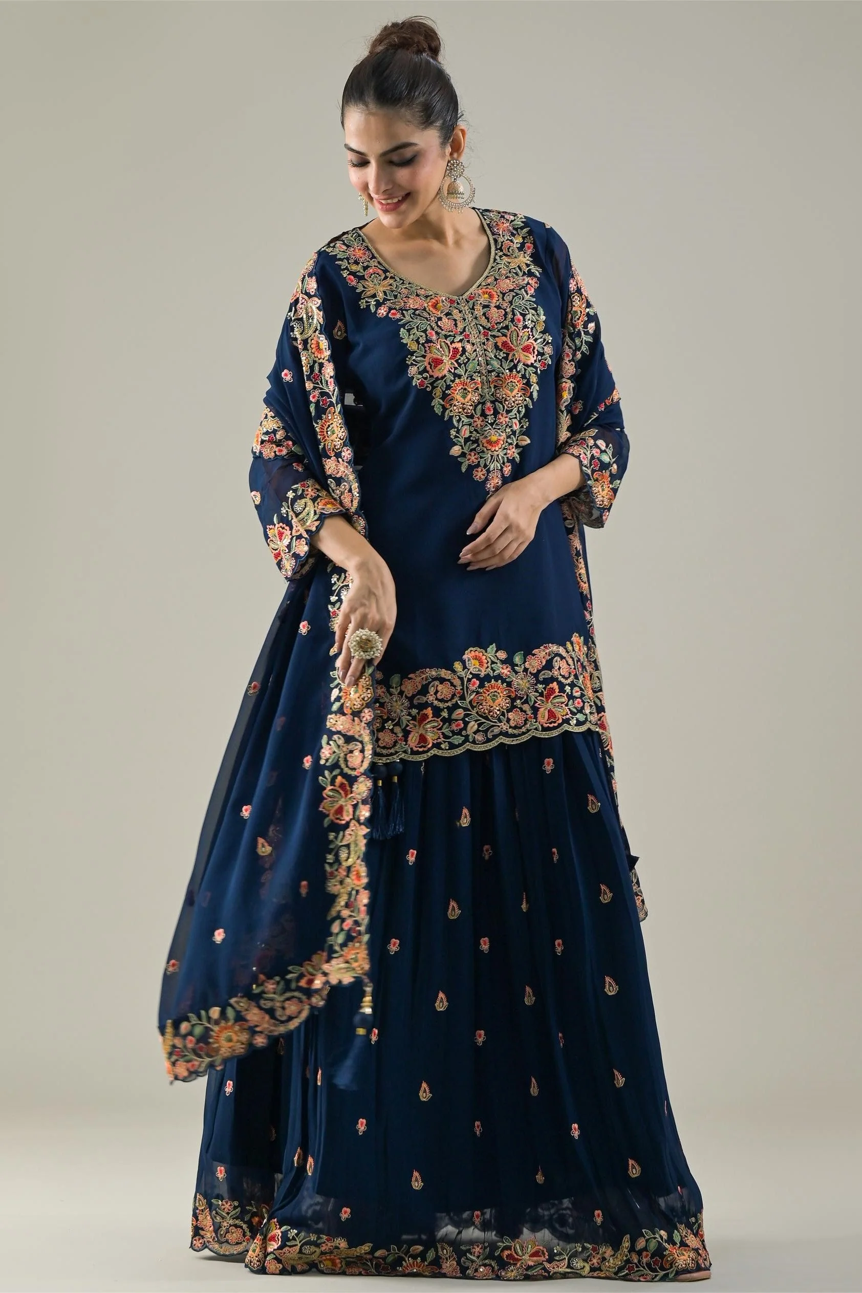 Deep Blue Embroidered Georgette Silk Lehenga Set - Image 3