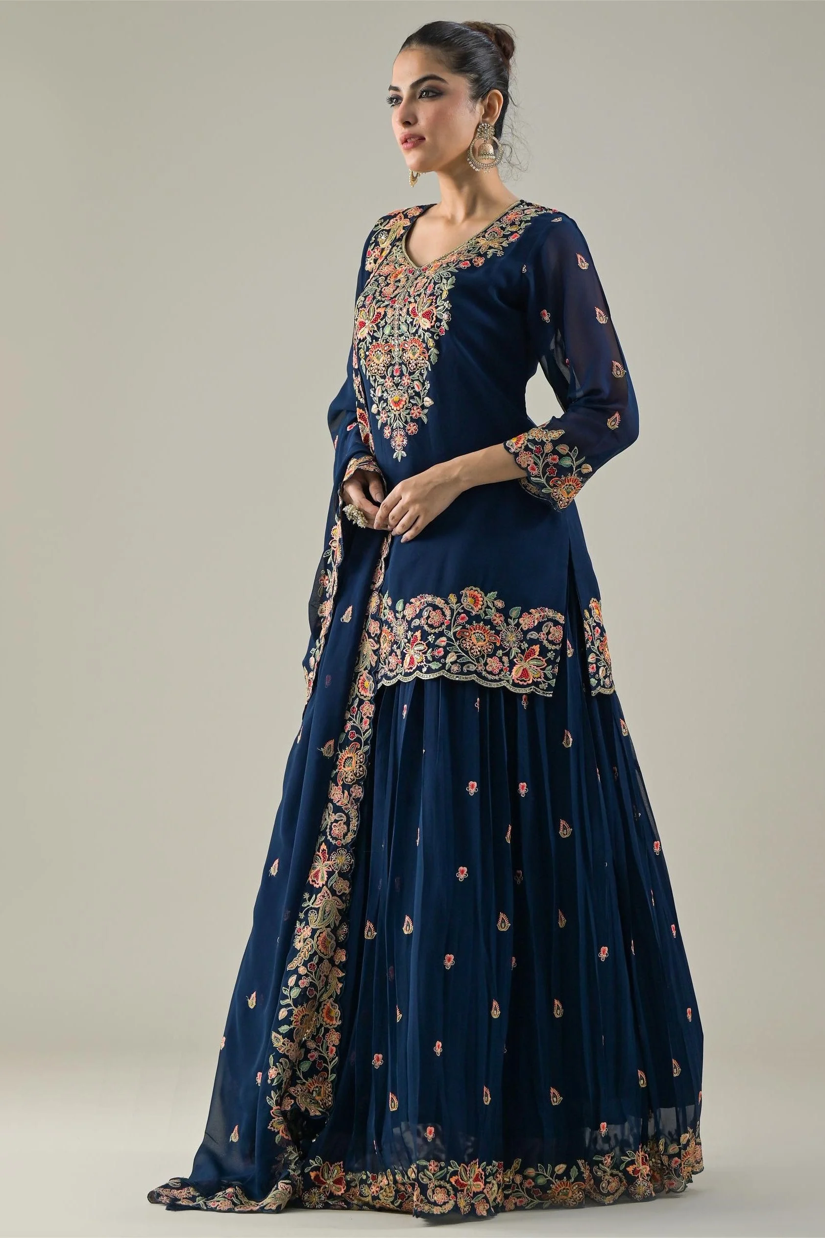 Deep Blue Embroidered Georgette Silk Lehenga Set - Image 4