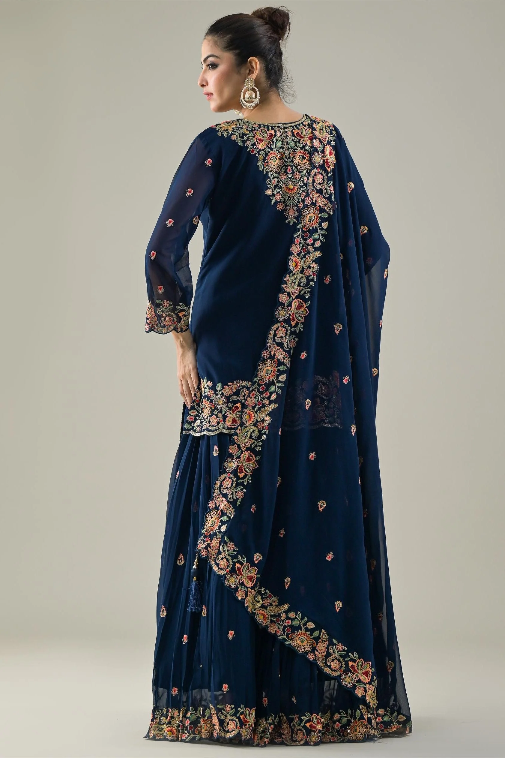 Deep Blue Embroidered Georgette Silk Lehenga Set - Image 5