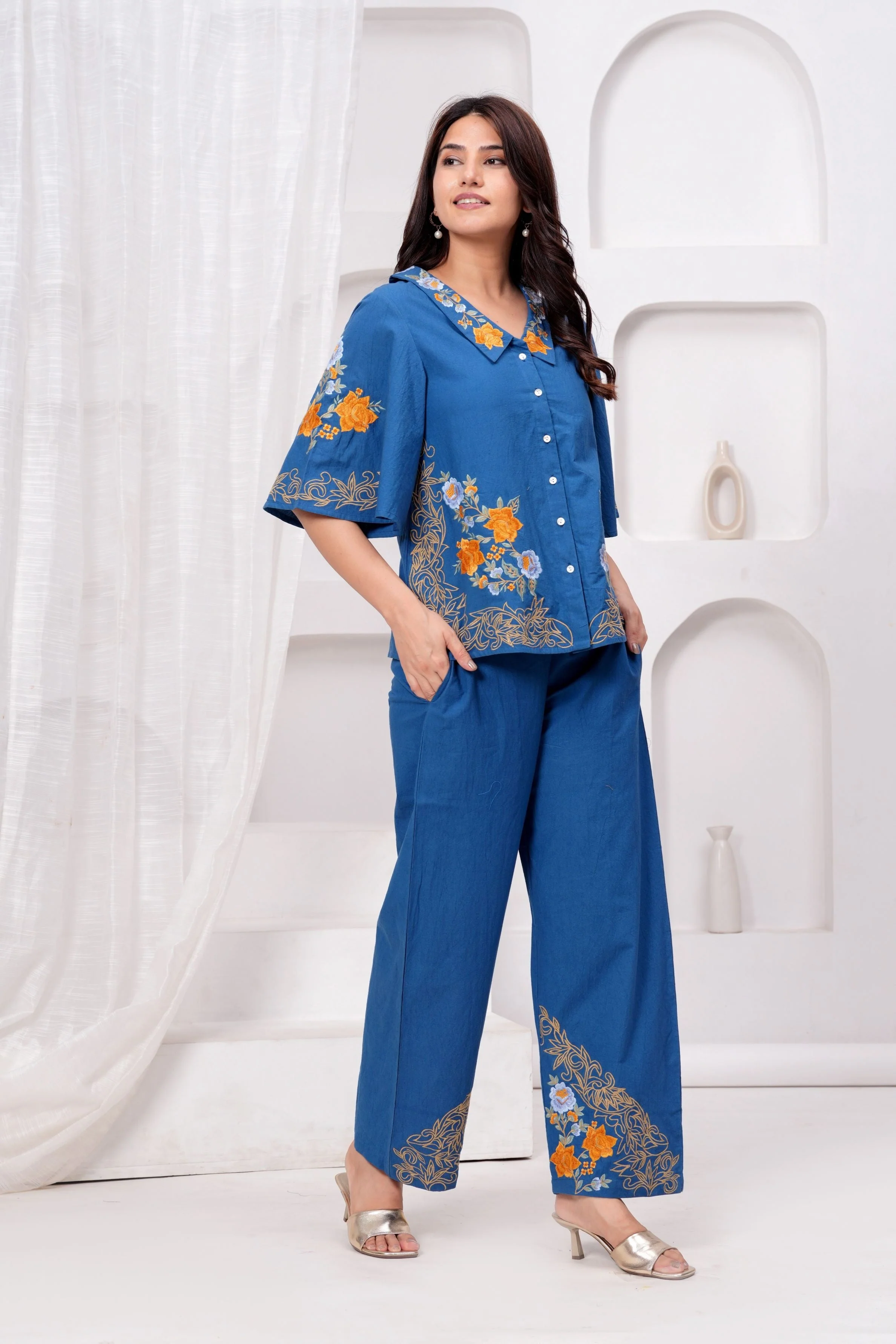 Blue Embroidered Premium Cotton Co-Ord Set - Image 3