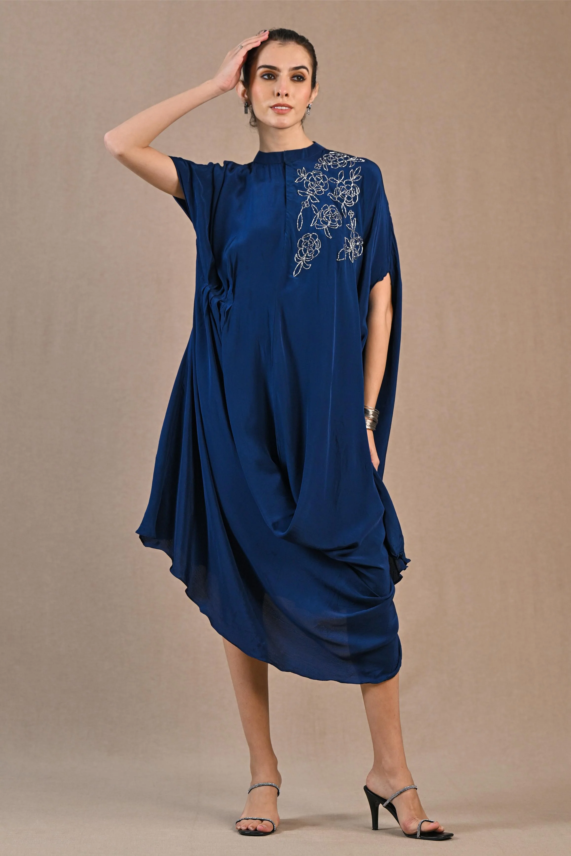 Blue Embroidered Premium Silk Kaftan Dress - Image 3