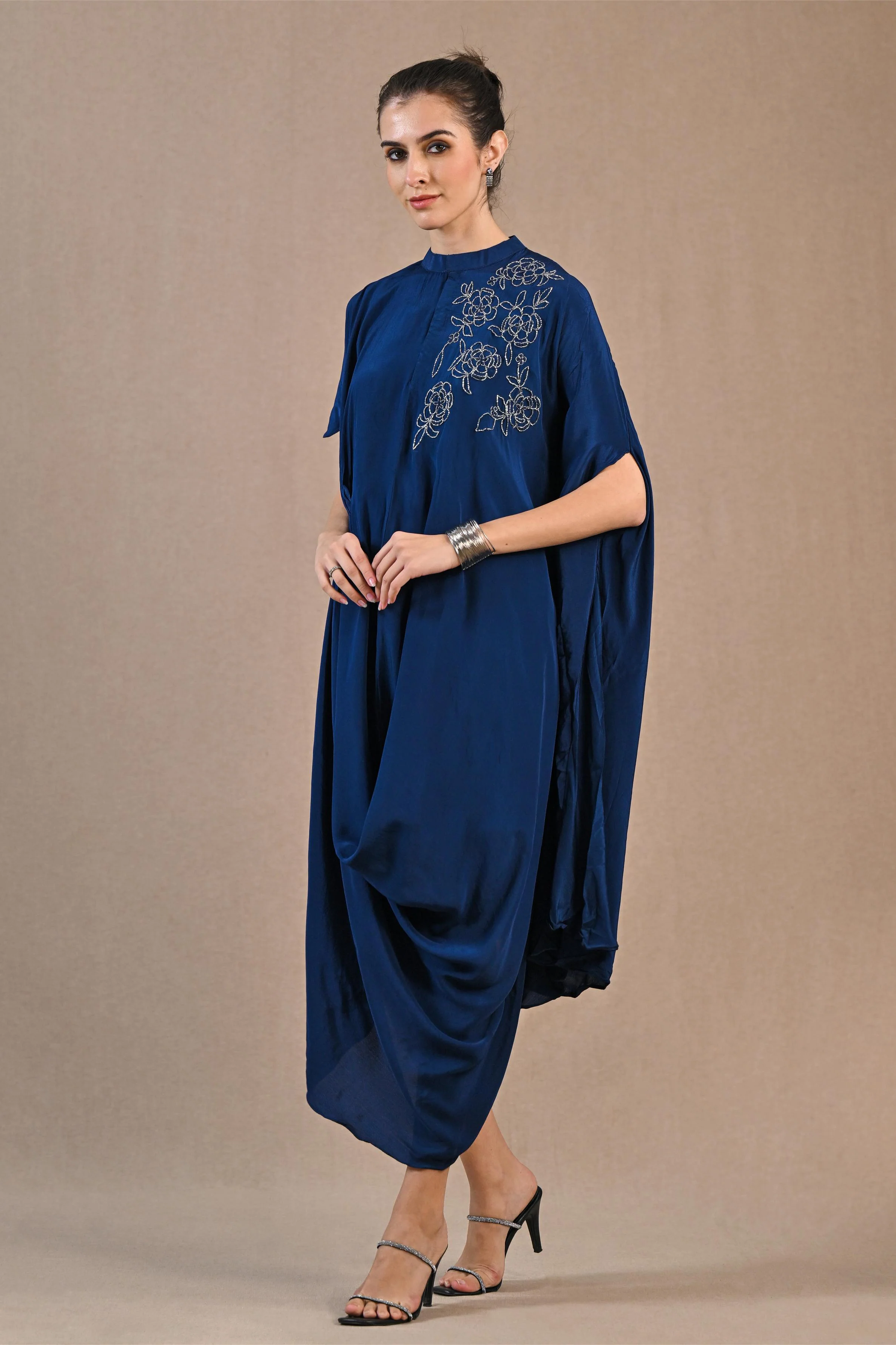 Blue Embroidered Premium Silk Kaftan Dress - Image 4