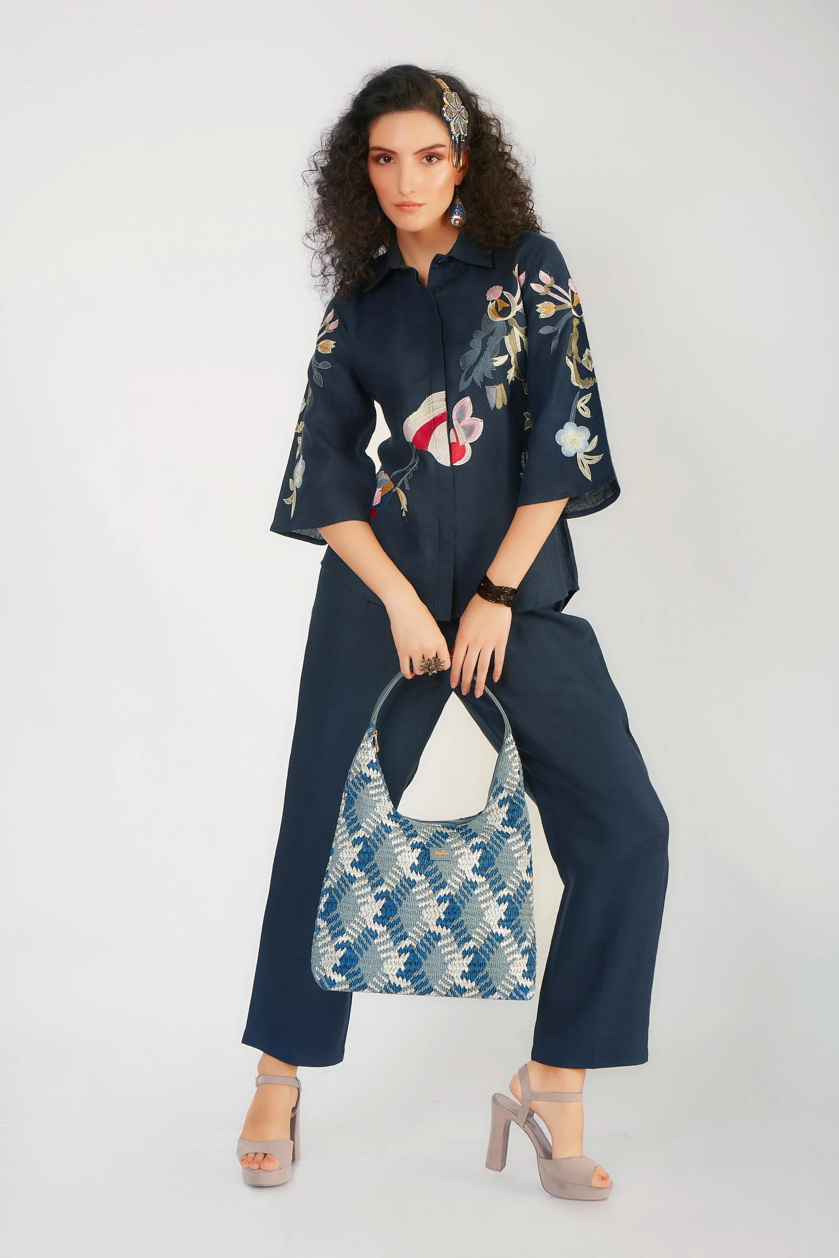 Deep Blue Embroidered Pure Linen Co-Ord Set - Image 3