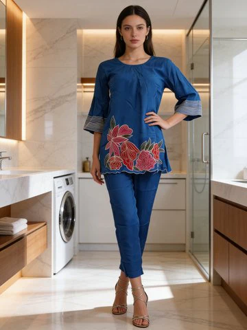 Royal Blue Embroidered Raw Silk Co-Ord Set - Image 2