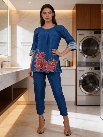 Royal Blue Embroidered Raw Silk Co-Ord Set - Image 3