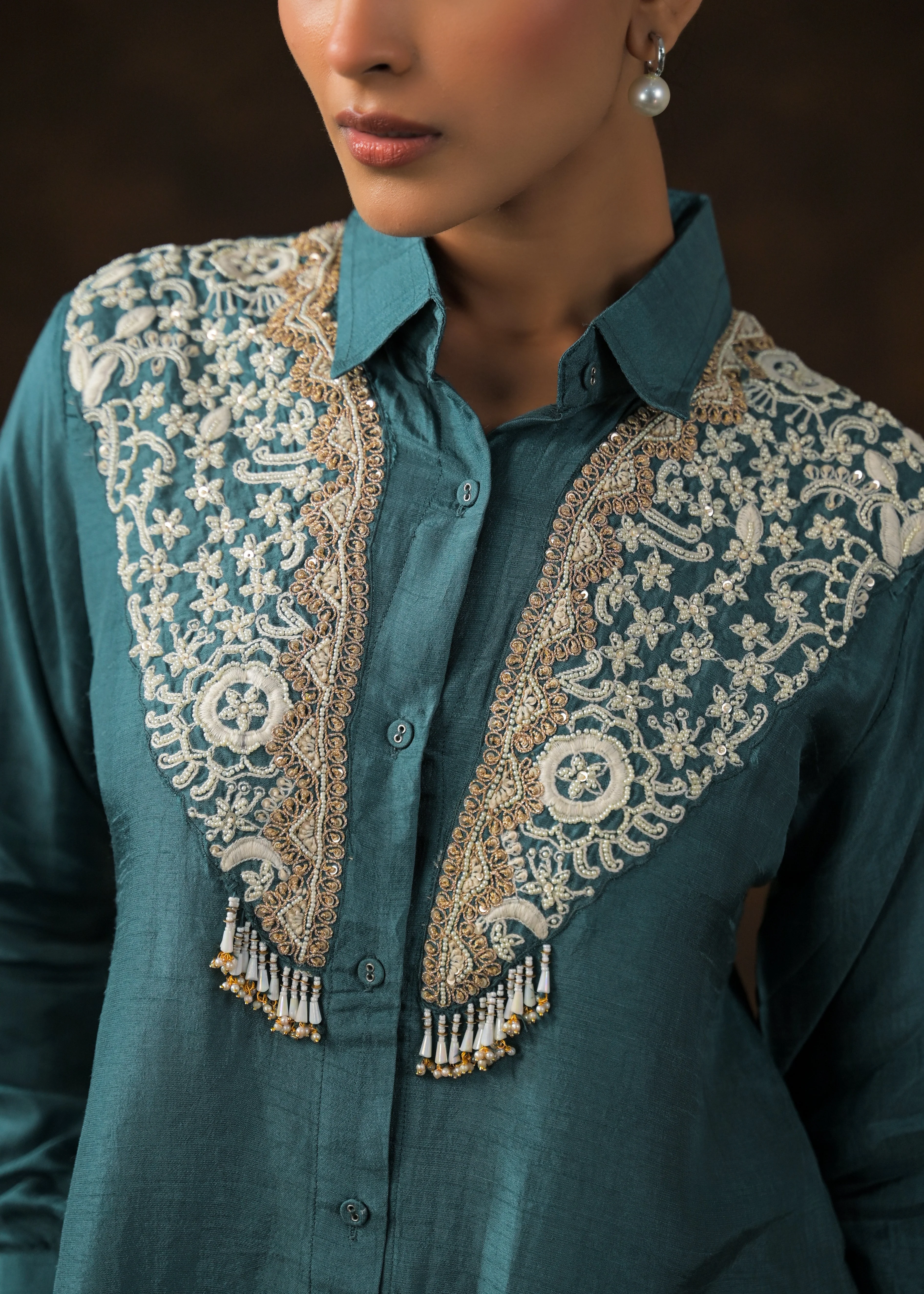 Emerald Teal Embroidered Raw Silk Co-Ord Set - Image 2