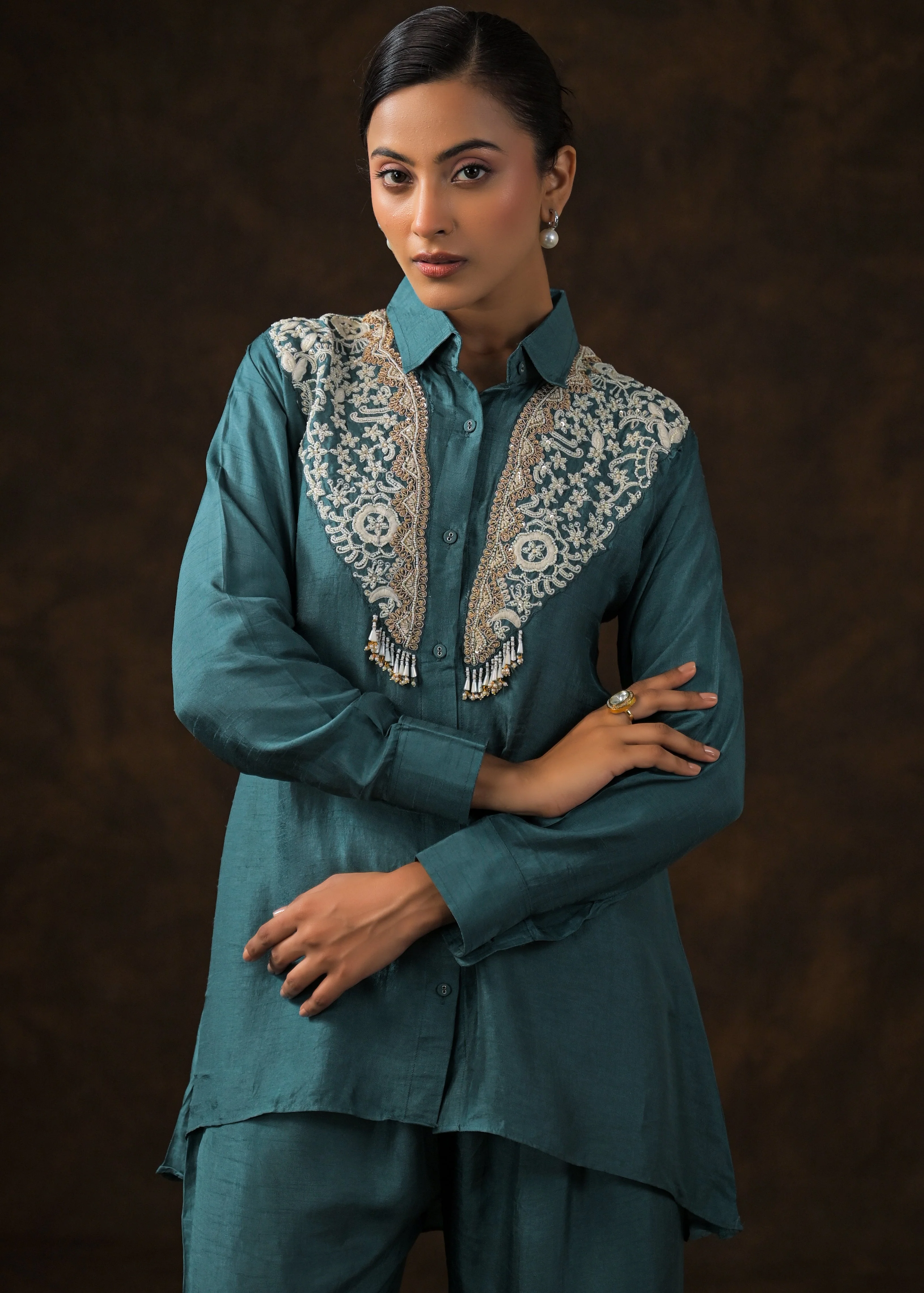 Emerald Teal Embroidered Raw Silk Co-Ord Set - Image 3