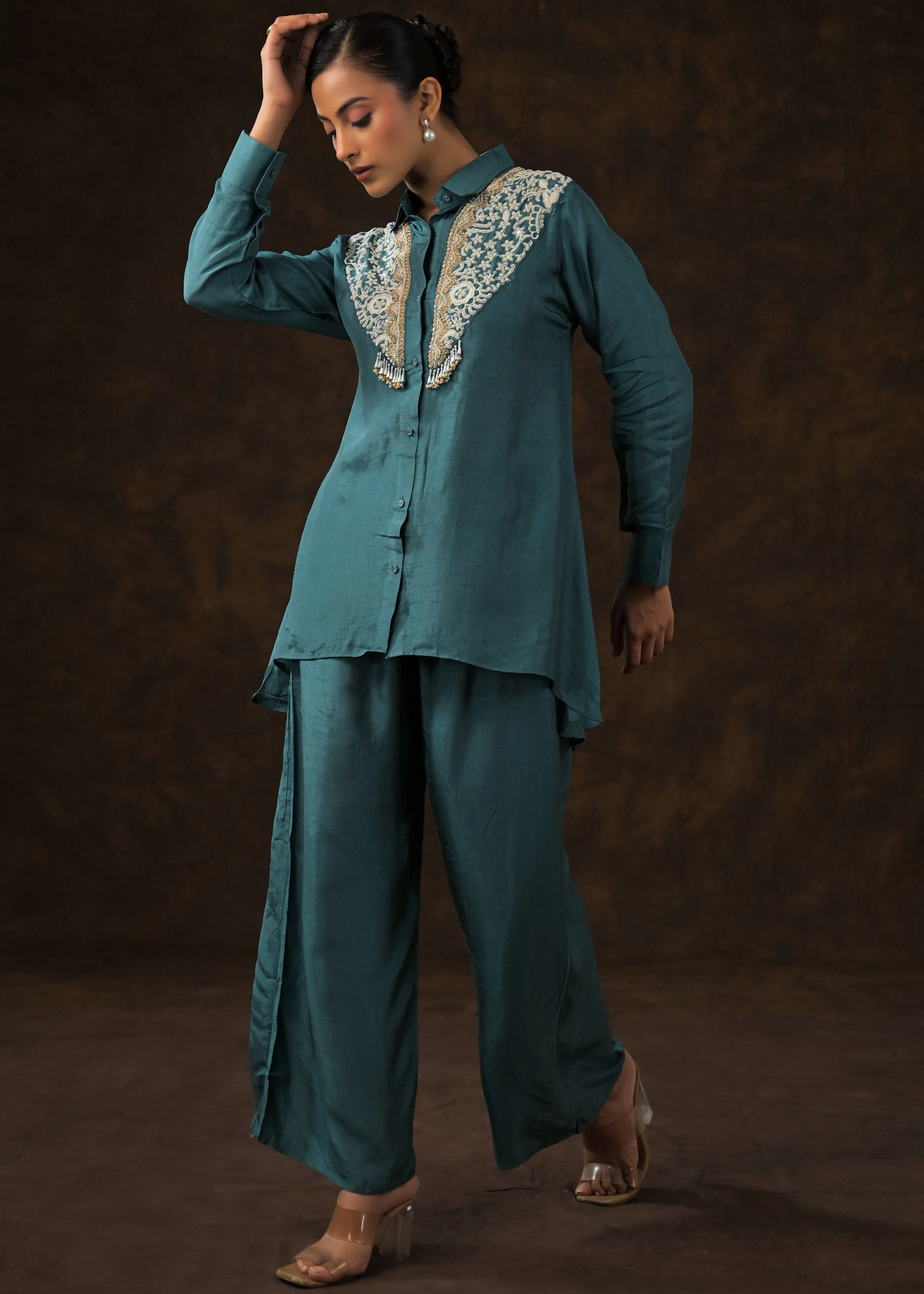 Emerald Teal Embroidered Raw Silk Co-Ord Set - Image 4