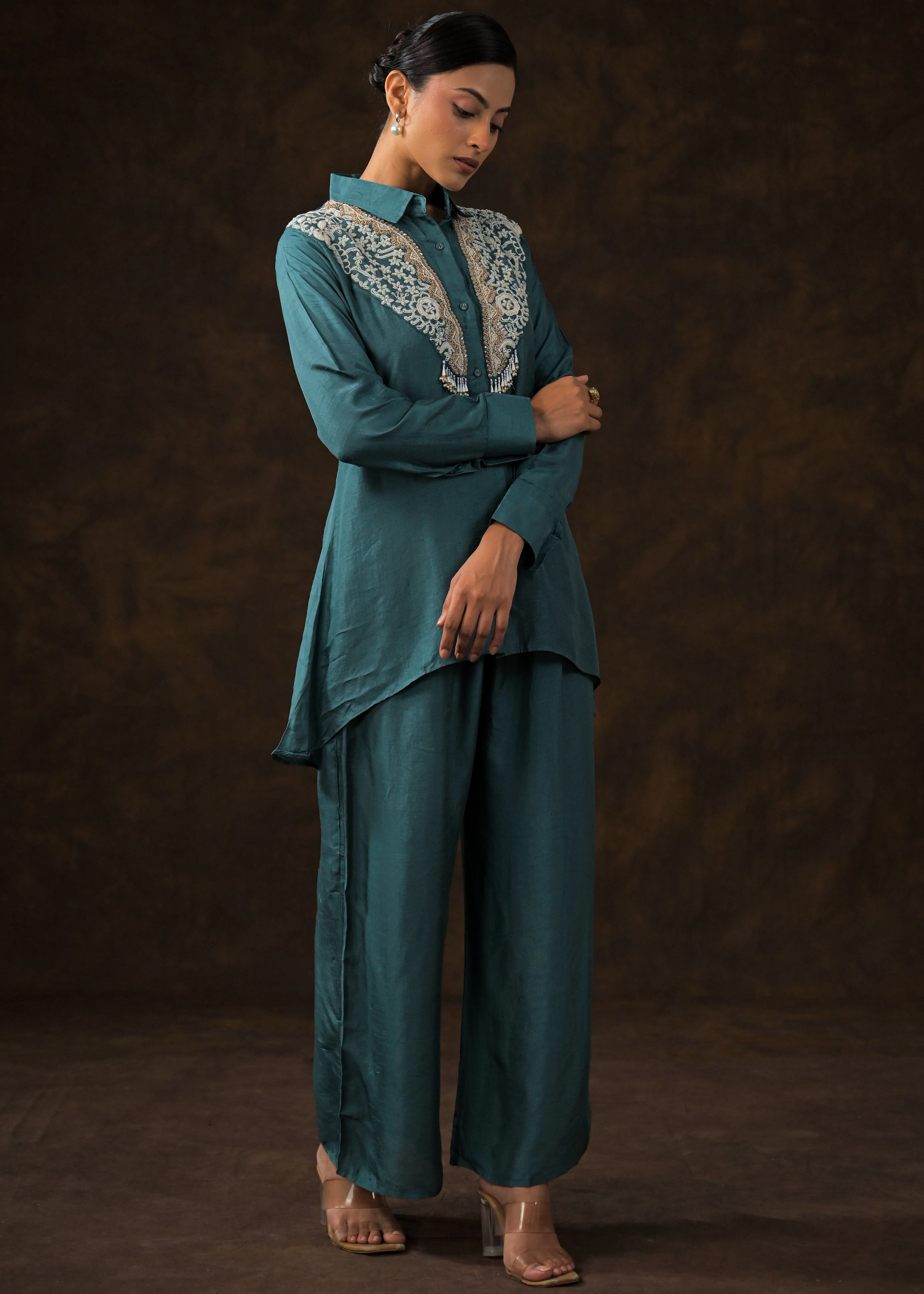 Emerald Teal Embroidered Raw Silk Co-Ord Set - Image 5