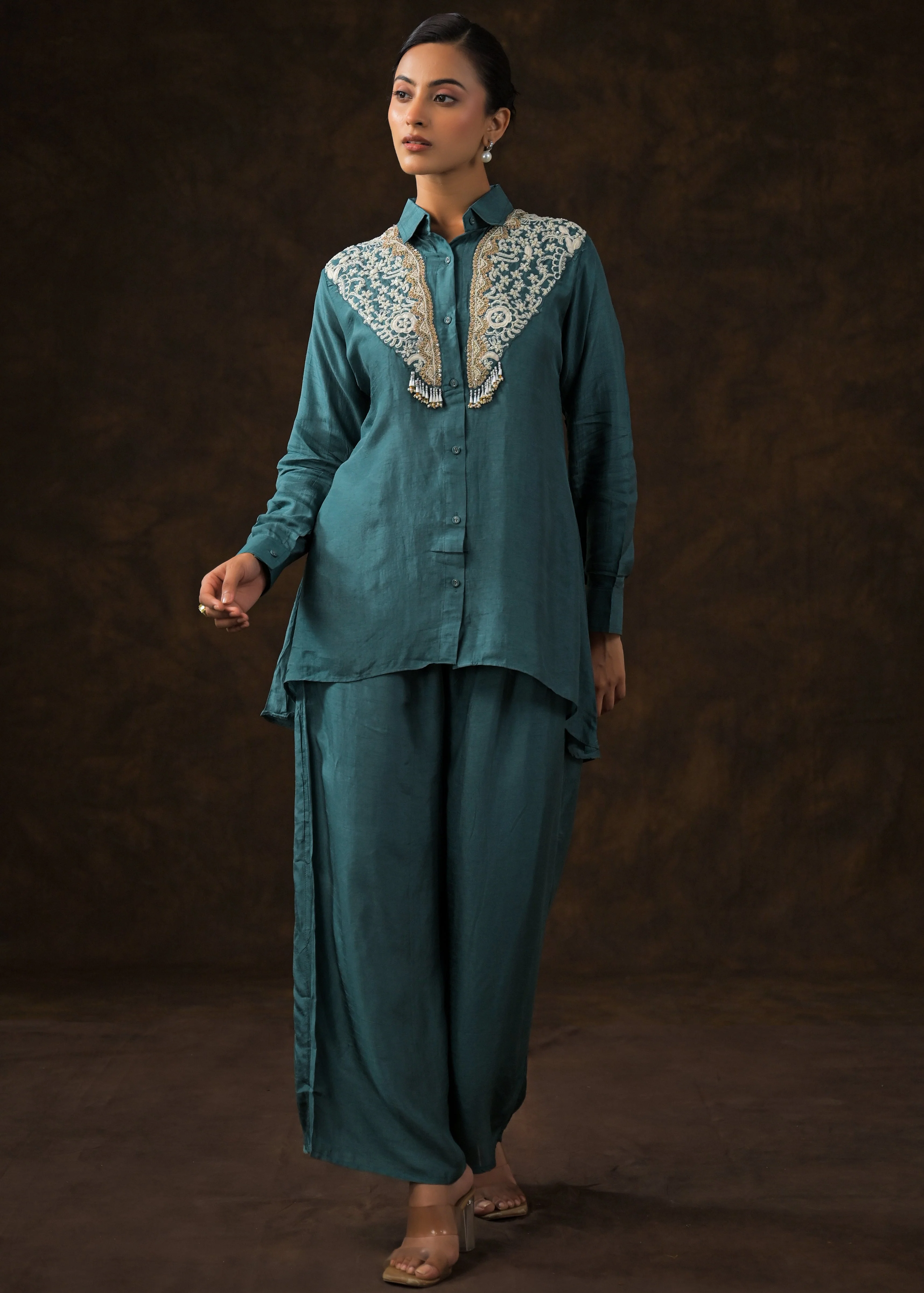 Emerald Teal Embroidered Raw Silk Co-Ord Set - Image 6