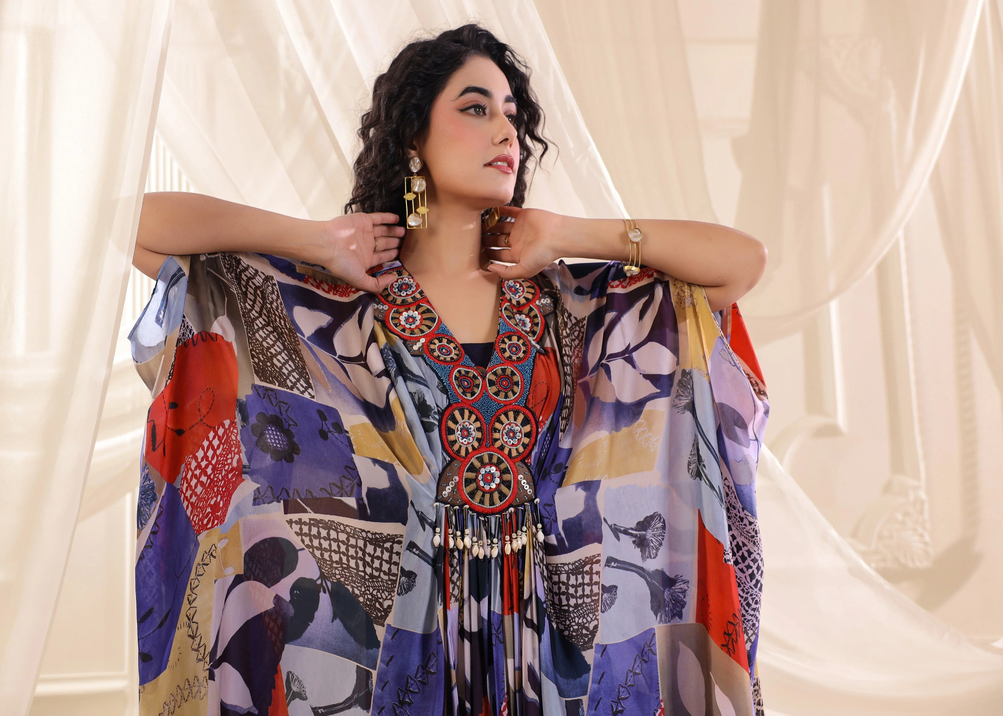 Blue Floral Embellished Satin Silk Dress - Image 2