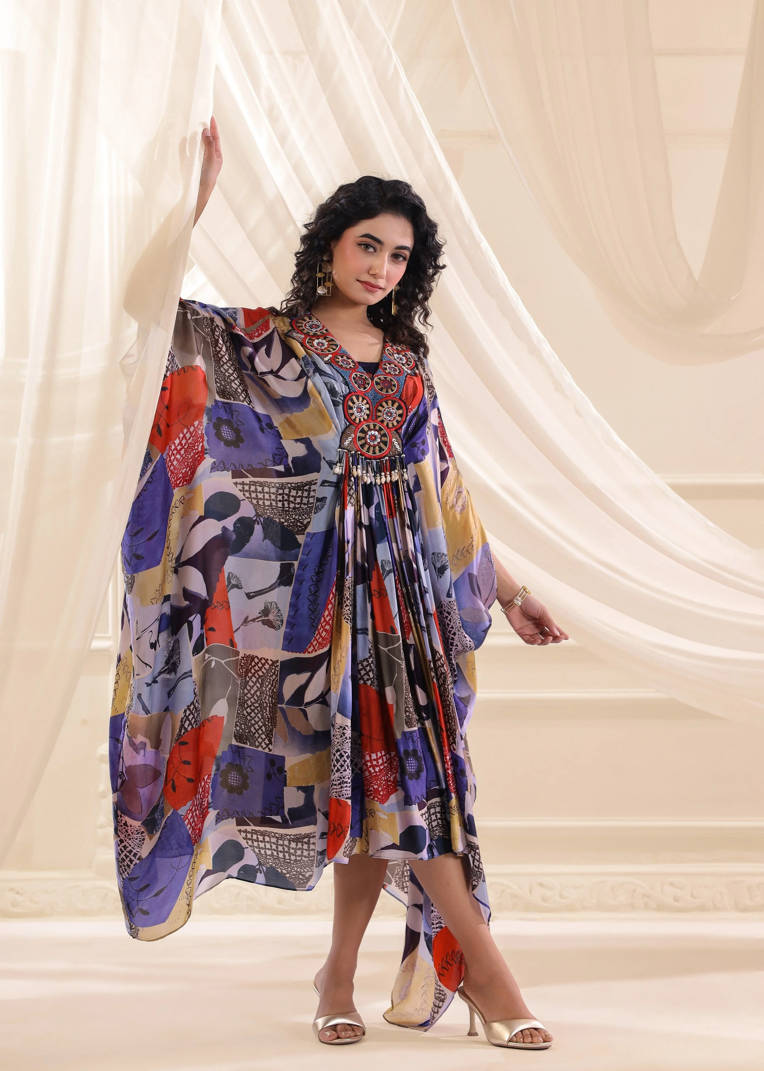 Blue Floral Embellished Satin Silk Dress - Image 3