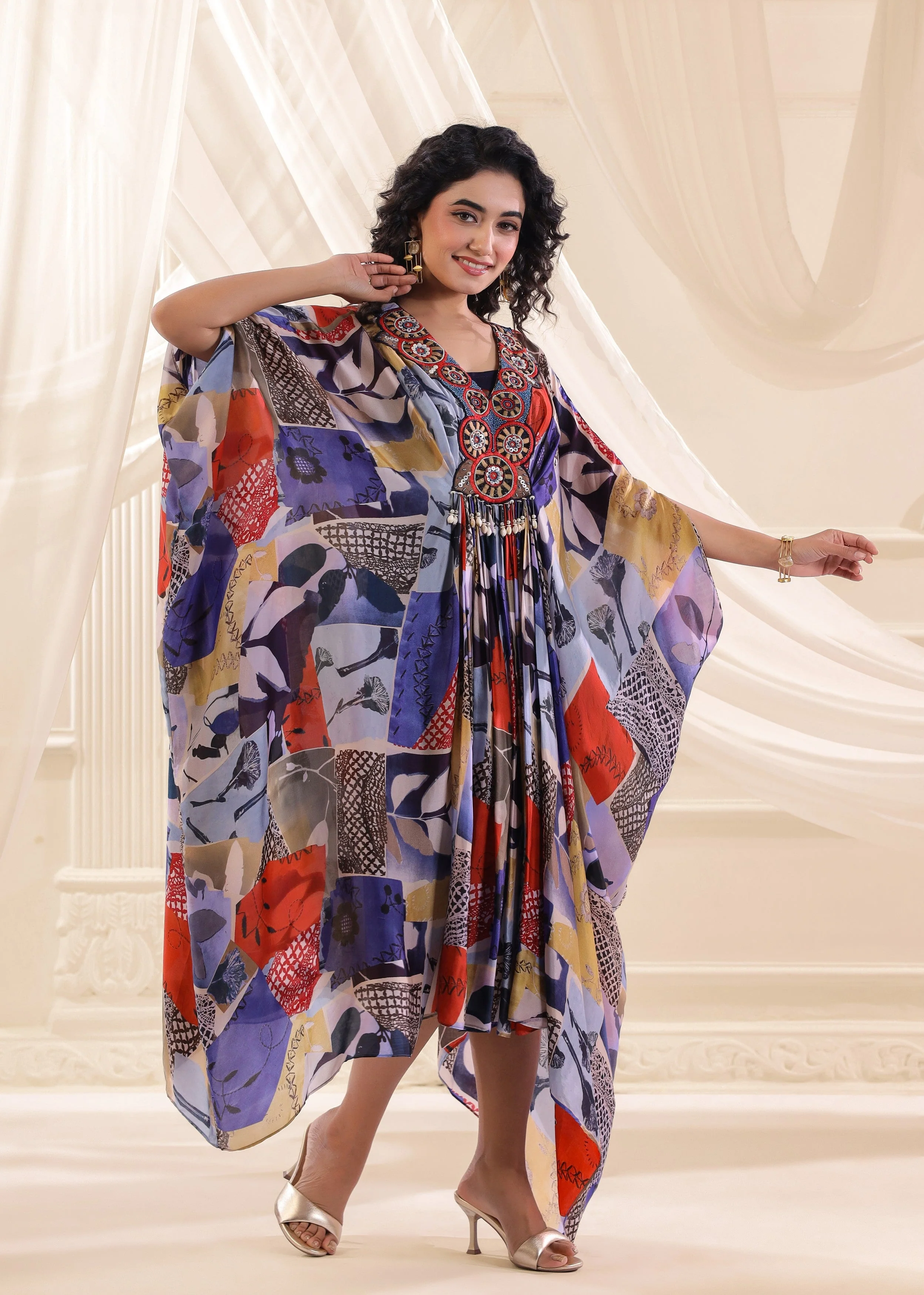 Blue Floral Embellished Satin Silk Dress - Image 4