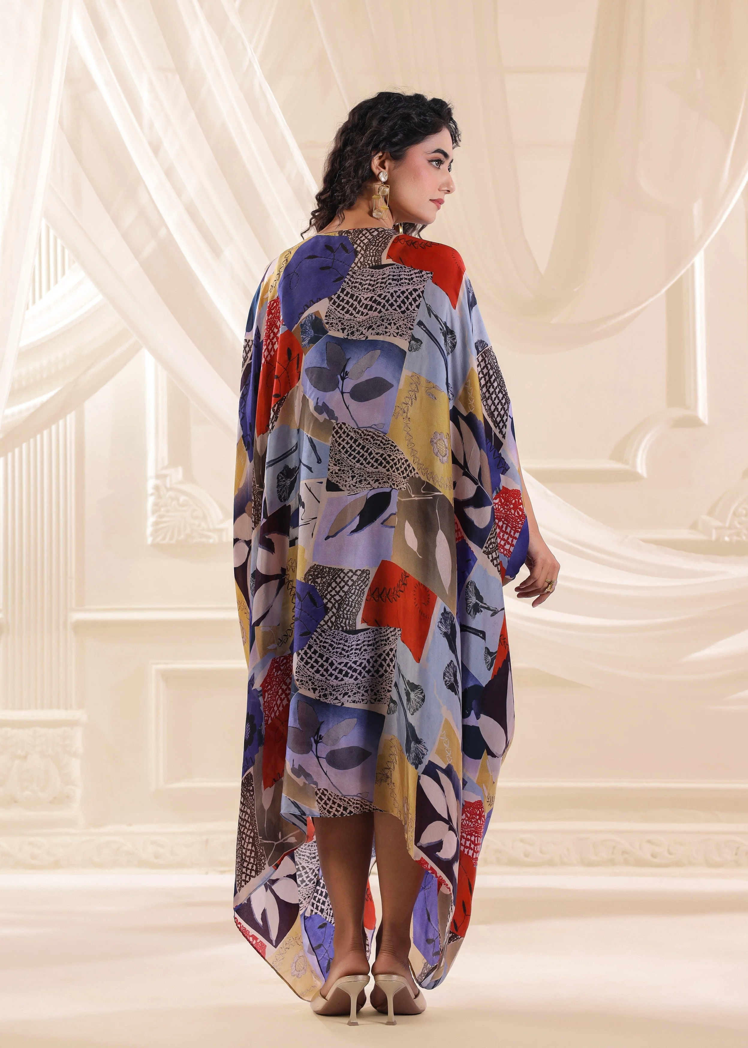 Blue Floral Embellished Satin Silk Dress - Image 5