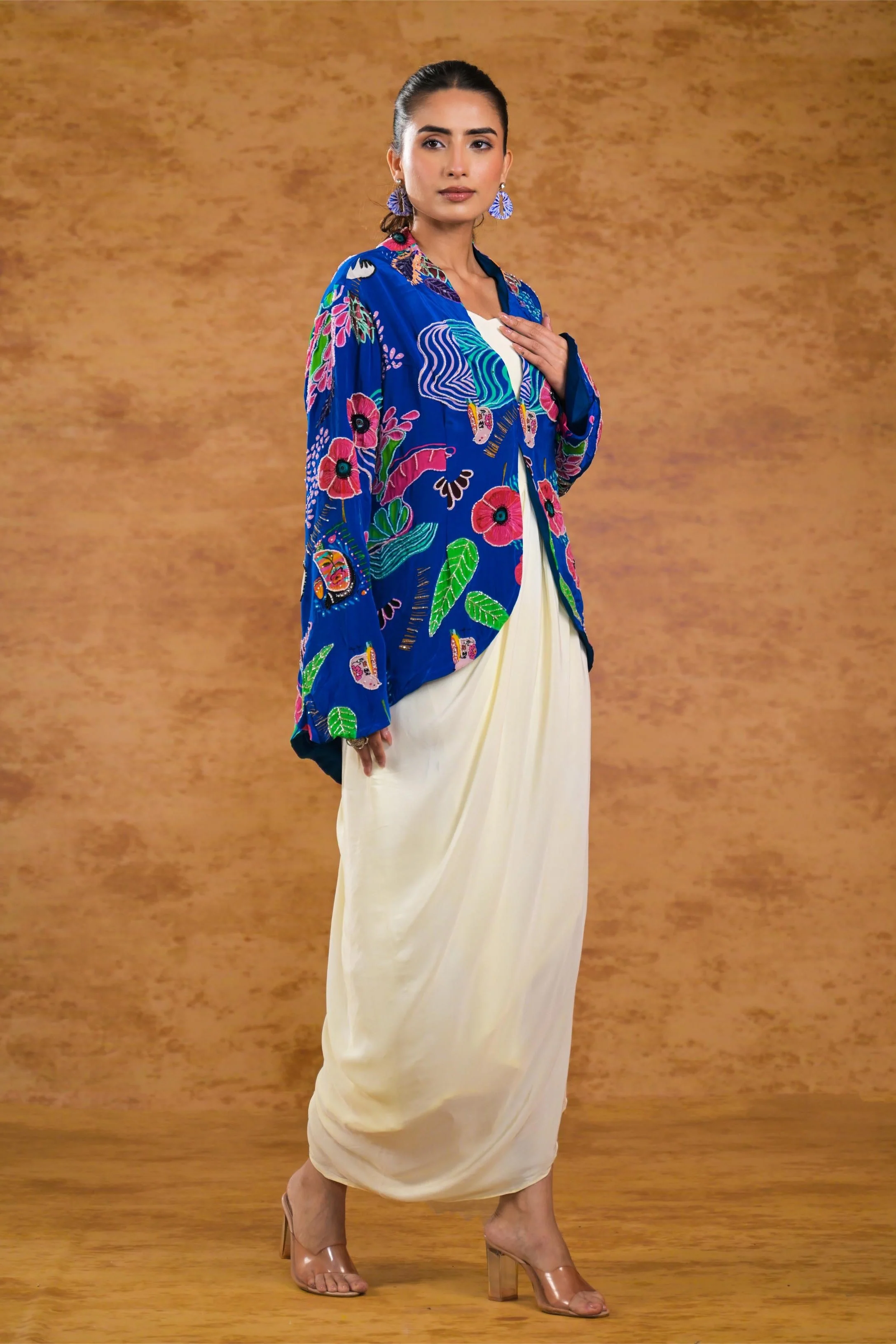 Blue Floral Printed Premium Silk Jacket Draped Gown - Image 3