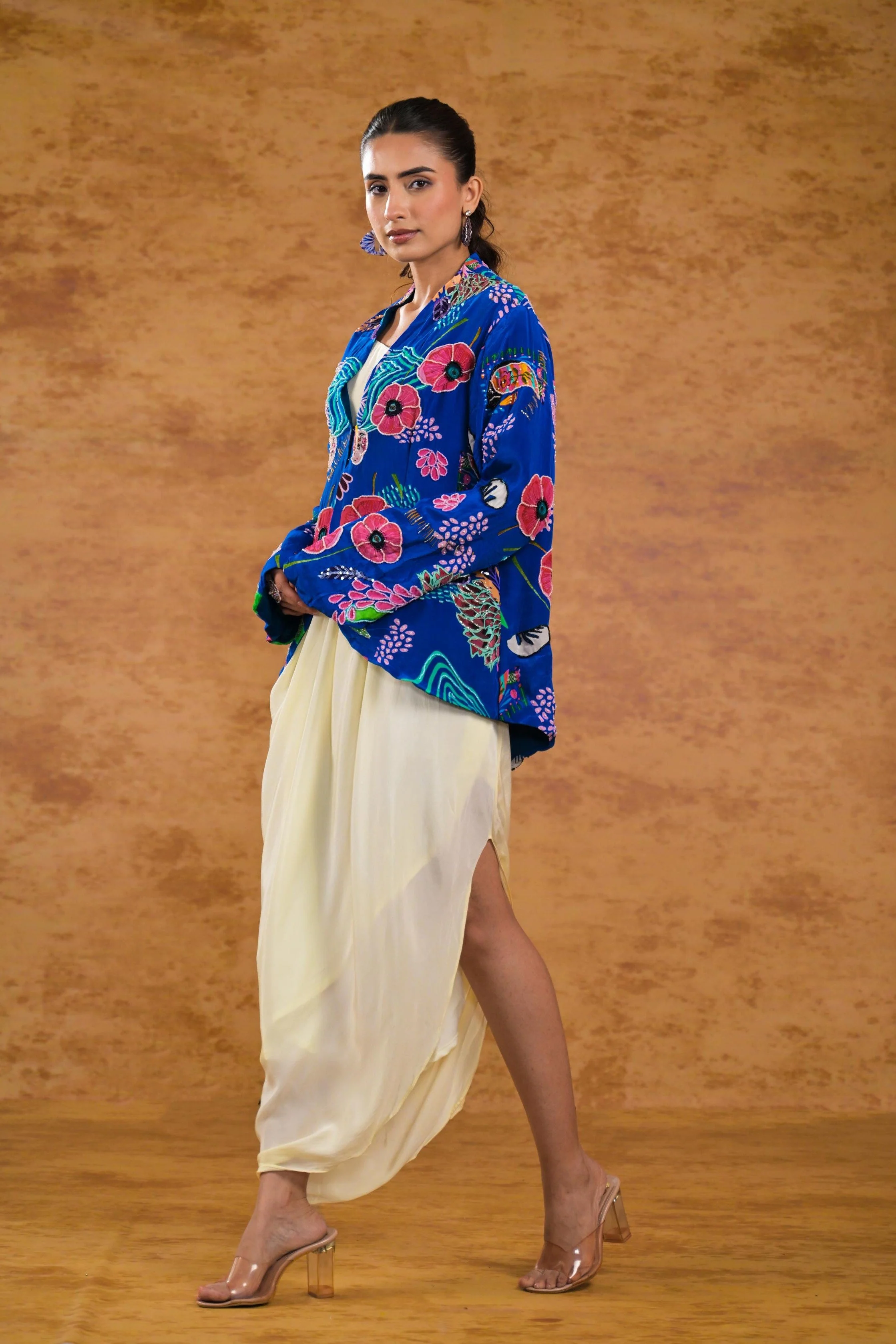 Blue Floral Printed Premium Silk Jacket Draped Gown - Image 4